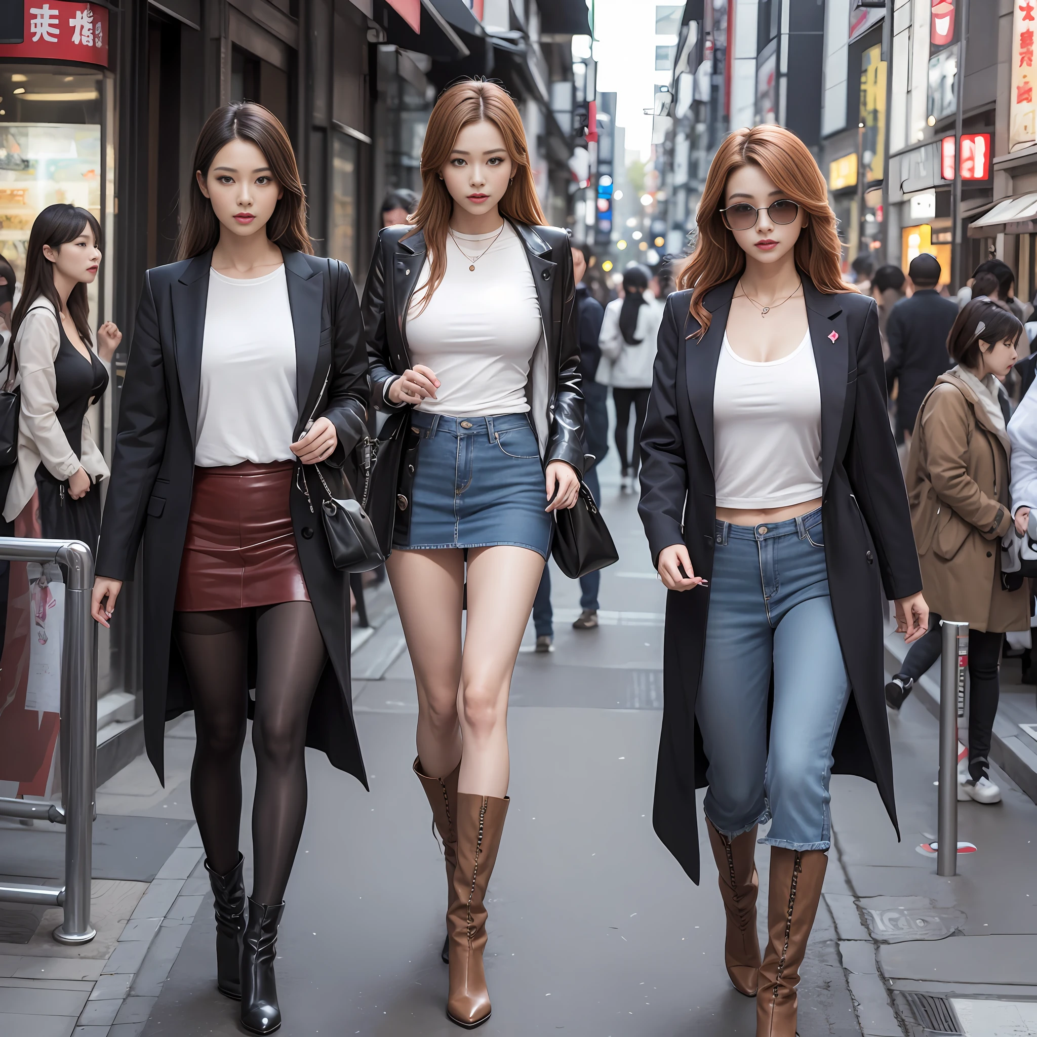 Unbeatable masterpiece，Ultra-realistic 8K CG，Perfect artwork，（1girll：1.1），独奏，（（Perfect female image）），（NSFW），looking at viewert，a mature female，Bimbo（Android18）standing on your feet，（teasing），best qualtiy：1.1，tempting pose，A sexy pose，Tempting，（big breasts beautiful），（curves），（bushy），blone hair，（eBlue eyes：1.2），short detailed hair，耳Nipple Ring，jewely，denim vest，Open the vest，blackpantyhose，Black Shirt，Denim skirt，Striped long sleeves， blue skirts， Toned legs， Cowboy thigh boots，Suits， （Abs：1.1）， （big assa：1.4）， Peach butt， （atheletic body：1.2）， （Large breasts：1.3， Wide_Hips：1.5， a narrow waist， Small waist：1.5， Slender body：1.2， thick thight：1.3）， （shiny skins：1.2）， （hdr）， （the street：1.2），  rich colours， textures true to reality， Dramatic lighting，unreal-engine，Trends on ArtStation，Gerald Brom，Frank Frasertta，Luis Royo，Julie Bell，by Boris Vallejo，Beautiful female fashion model，White fluffy clothing，short skirt and a long jacket，japanese city street fashion，Black-pink Rosanne Park，She is seen wearing streetwear pieces，japanese street fashion，tokyo fashion，Woman in streetwear，wearing jacket and skirt，street fashion outfit，Harajuku street fashion，Beautiful woman walking in the wind，Tall guy，Long legs，Perfect body proportion，Big breasts Thin waist，Tall，slender figures，Nine-headed body，largeeyes，Beautiful and delicate face，perfect body detail，Perfect body proportion，Perfect visual proportions，fashion shot，Glamorous，soft，delicated，Highlight the feminine curve，subtext：Raised sexy，self-assured。 --auto