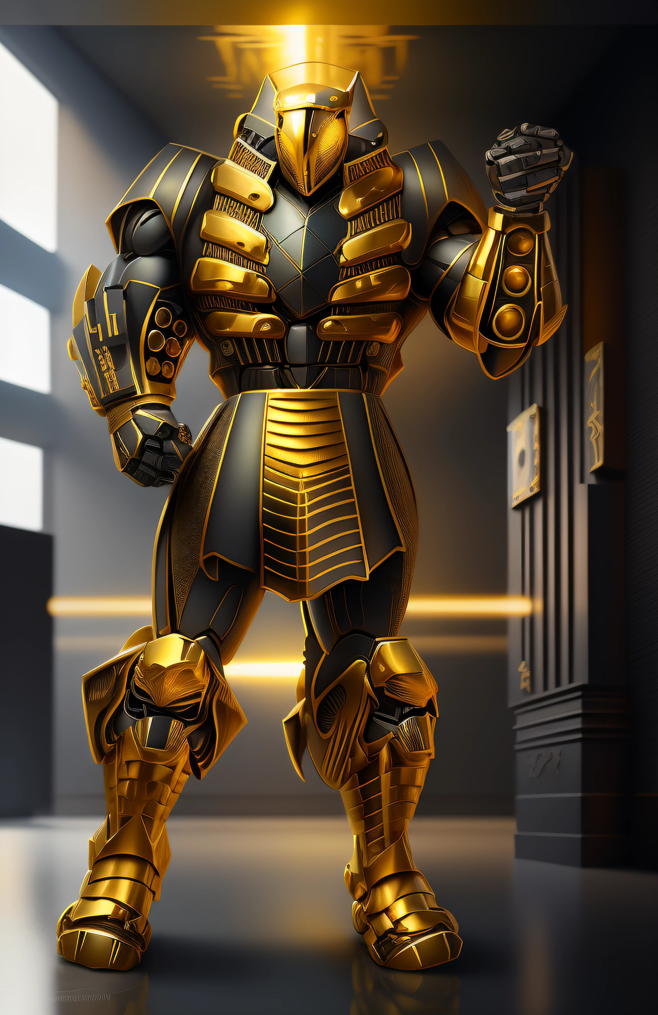 a close up of a robot with a glowing suit on, armadura brilhante elegante, Retrato completo de Electromancer, luzes brilhantes na armadura, Deus grego no estilo mecha, Armadura obsidiana de ouro pesado, Sci - Armadura de Fi:! musculoso, intrincada armadura mecha brilhante, Armadura Obsidiana de Ouro, cyber fight armor, Personagem de Mortal Kombat, Armadura Conceitual, Bokeh, blur, Fulgurar