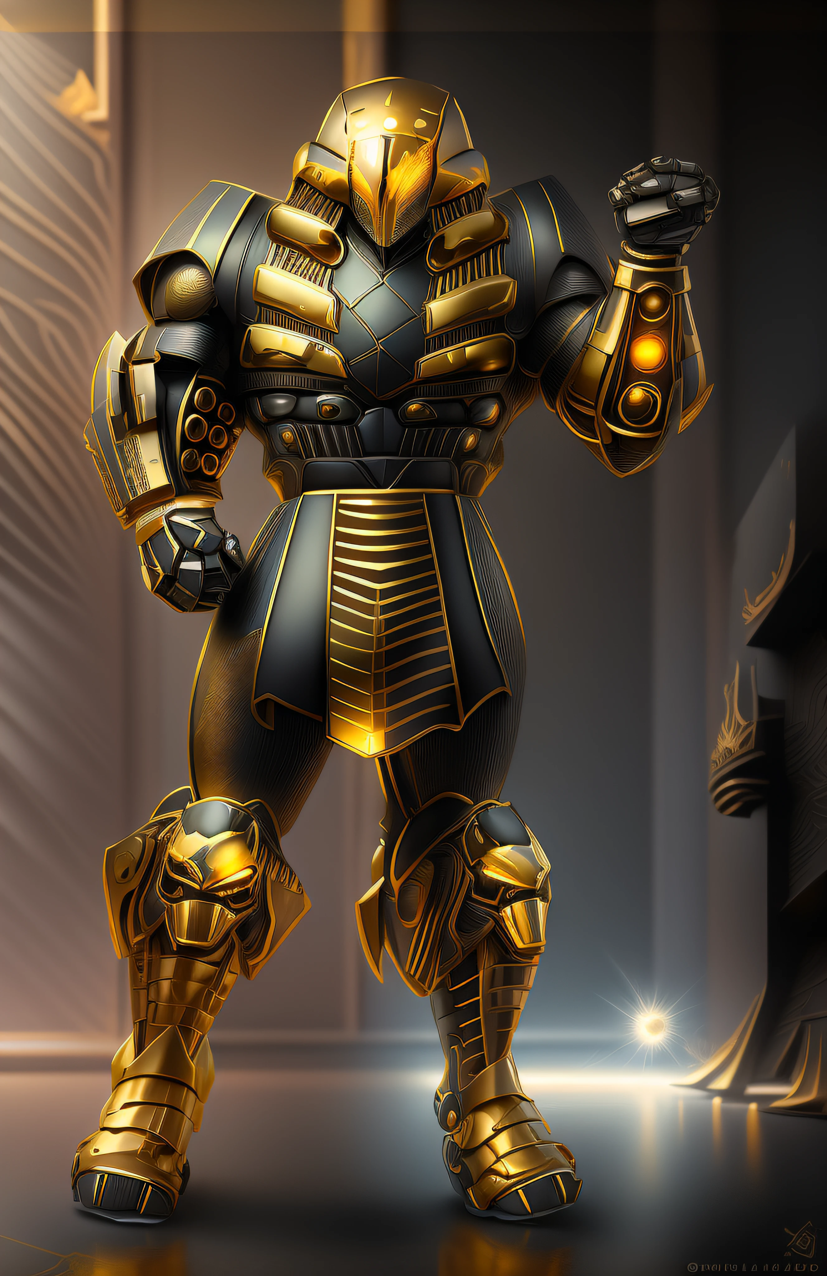 a close up of a robot with a glowing suit on, armadura brilhante elegante, Retrato completo de Electromancer, luzes brilhantes na armadura, Deus grego no estilo mecha, Armadura obsidiana de ouro pesado, Sci - Armadura de Fi:! musculoso, intrincada armadura mecha brilhante, Armadura Obsidiana de Ouro, cyber fight armor, Personagem de Mortal Kombat, Armadura Conceitual, Bokeh, blur, Fulgurar