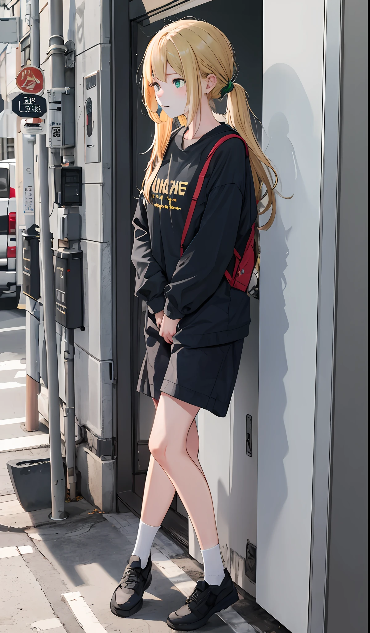 1 girl is taking to lavatory,looks away,are standing,green-eyed,dual horsetail,golden hair,embarressed,Be red in the face,Keep one's mouth shut,the street(The girl is peeing herself:0.4)