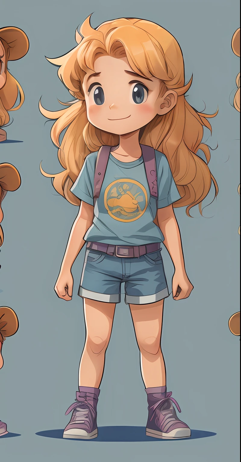 " exploradora estilo desenho animado fofo e simples, com 10 anos de idade, possui longos cabelos loiros cacheados, is wearing a purple short-sleeved T-shirt and jean shorts, em um fundo branco ." --auto