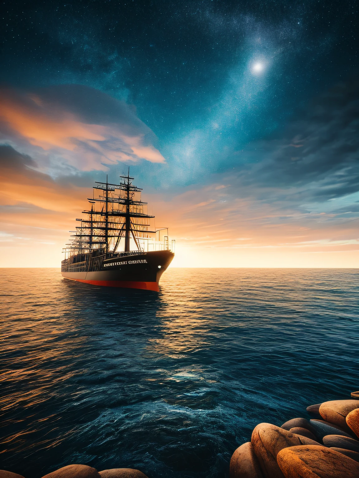 The ship is in the center of the ocean, dark night, violent storms, HD, mermaid, orange thunder background, best quality, some rocks around, rocks, best ship, mermaid on ocean, best mermaid, 16k, big ship, ship close to camera, Birds fly around, birds, night time, best lights, octane