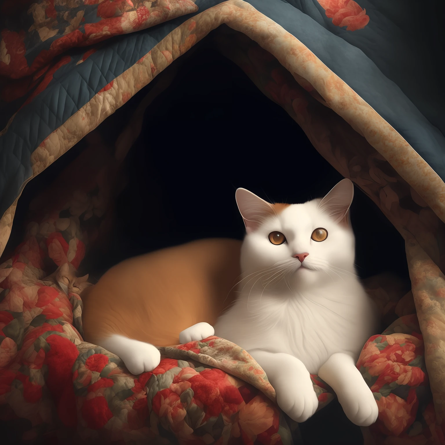 cute cat snuggled in a huge quilt  in a warm Cat Tent, Large Cave Bed