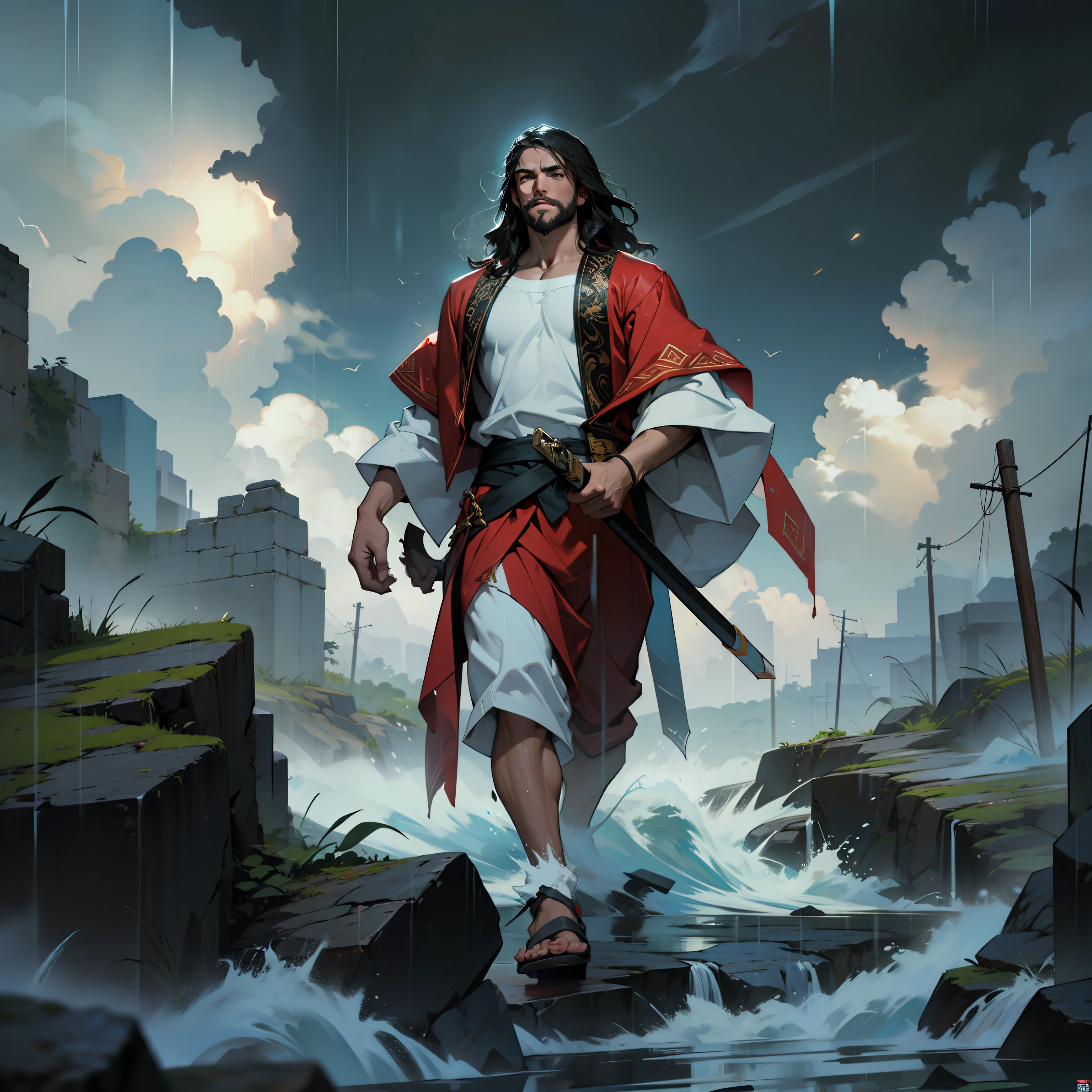 Jesus Cristo andando em cima das aguas, tempestade, chuva, ultra qualidade, segurando a espada, rosto do ator Jonathan Roumie