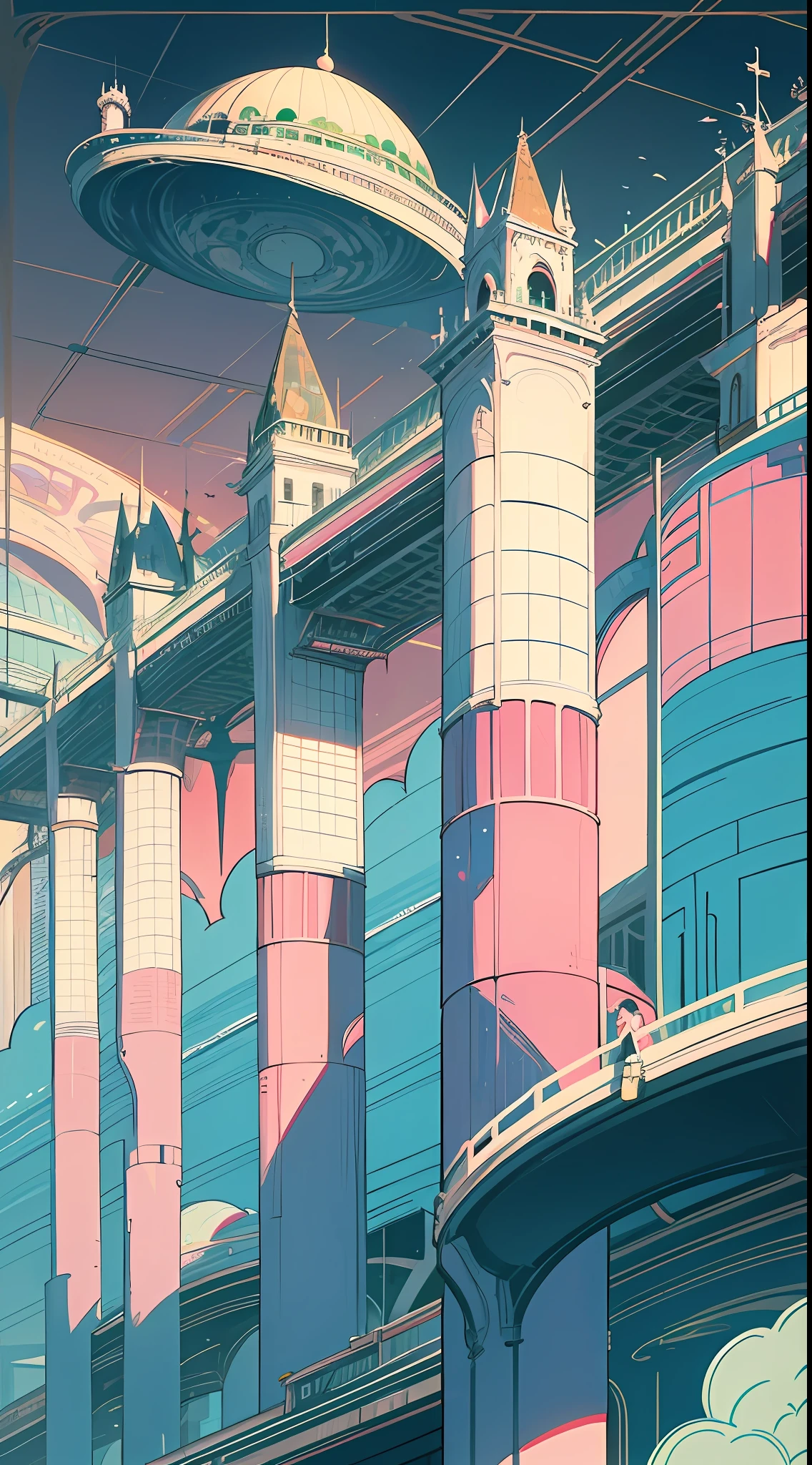 A kooky and whimsical image of a futuristic world, designed in Wes Anderson’s signature symmetrical style with high saturation colors. The world is populated by fantastical and unusual architecture, with towering spires and bulbous domes painted in bright pinks, greens, and blues. The buildings are laid out symmetrically, creating a sense of order and balance in the bustling metropolis. The sky is filled with airships and flying cars, moving in a sublime, labyrinthine pattern. AI-driven robots in sleek white hover around delivering parcels, while giant, luminescent sea creatures made of plastic float slowly through the sky. The colors in this utopia are rich and saturated, with pastel pinks and blues contrasting against vivid greens and yellows. Everything is meticulously arranged, as evidence by the neat rows of buildings and the orderly traffic in the sky. Overall, the image captures the essence of Wes Anderson's style, with its symmetry and bright, quirky design elements. It is a playful and whimsical representation of a futuristic world, where anything seems possible and the sky is the limit.