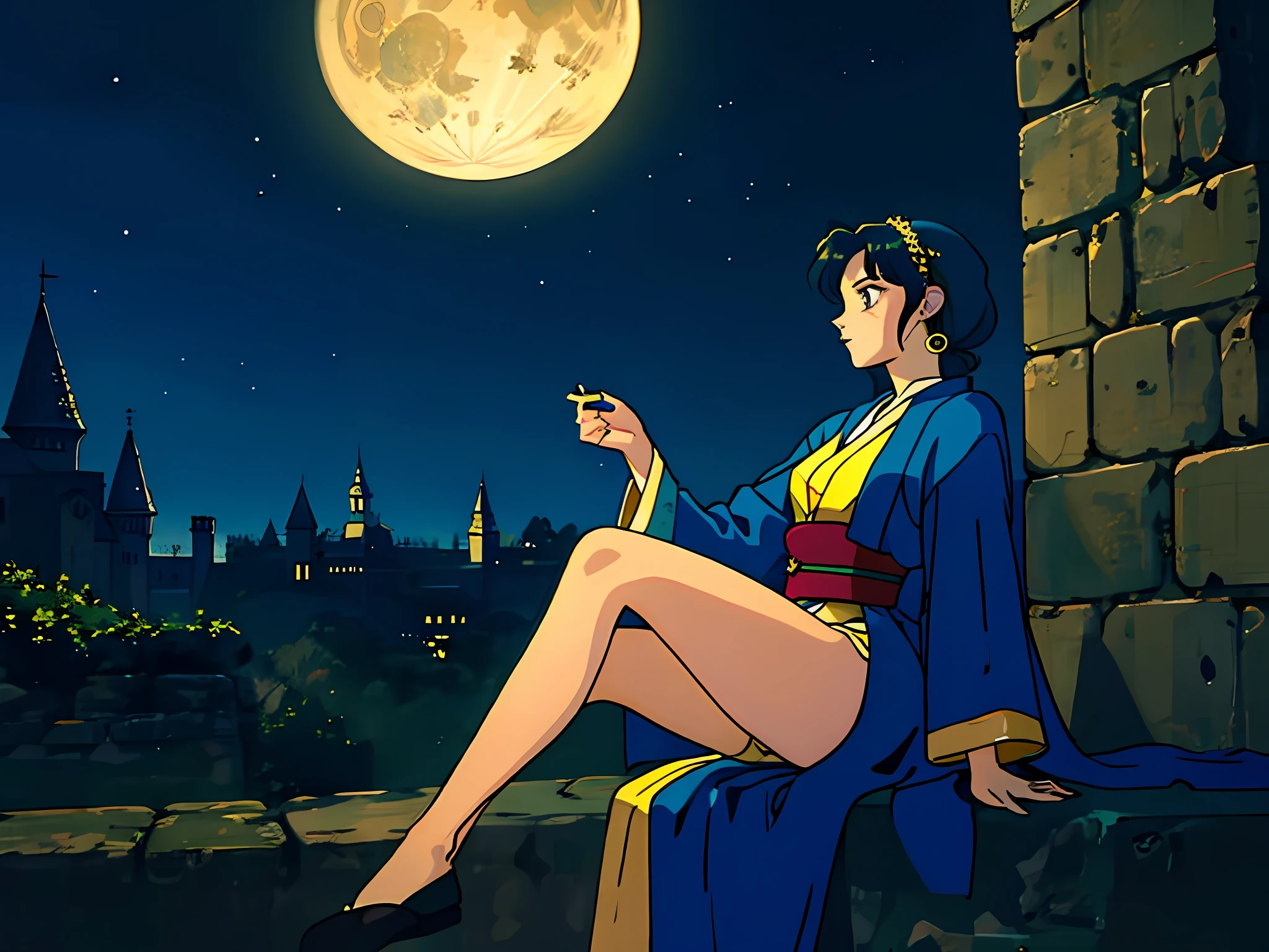 1990s \(style\) retro artstyle, raw, masterpiece, queen sitting on a ledge, wearing silk robes, fantasy, medieval, gold and jewelry, night sky, night time village, dim lighting
