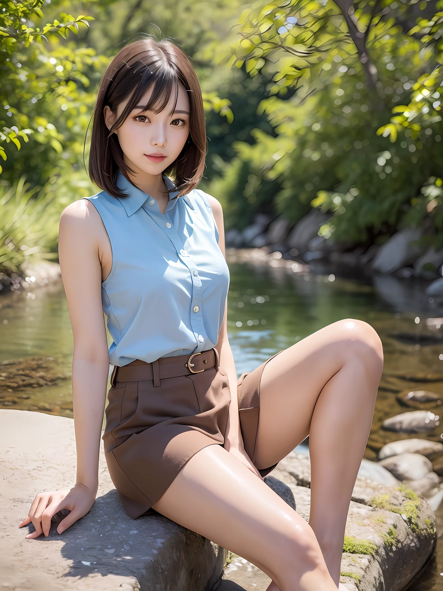 mastepiece, 1 girl per 1 photo, full body shot, front view, a Japanese young pretty girl, sitting alone by a river surrounded by mountains of a countryside of Japan, smile, glamorous figure, wearing a sleeveless light blue blouse with collared, wearing a light brown short culottes skirt, ????? feet with low heels sandals, hyper cute face, glossy lips, double eyelids for both eyes, natural makeup, shiny smooth light brown hair of long bob hair, asymmetrical bangs, tanned skin, central image, 8K resolution, high detail, detailed hairstyle, detailed face, cinematic lighting, octane rendering, hyper realistic, perfect limbs, perfect ???????