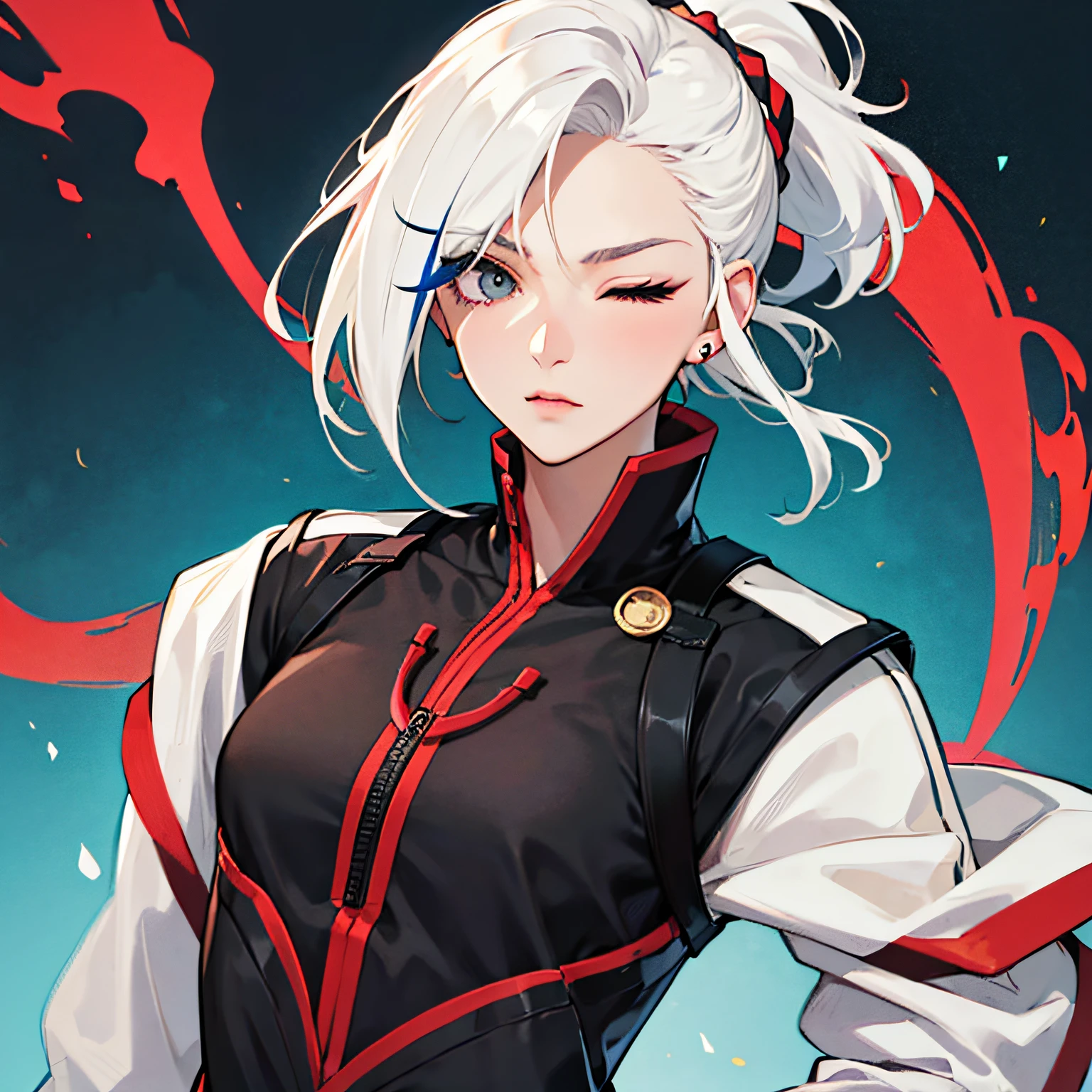 Avatar, 1girl, asymmetrical bangs, streaked hair, medium hair, low ponytail, black hair, white hair, one eye closed, gradient eyes, tsundere --auto
