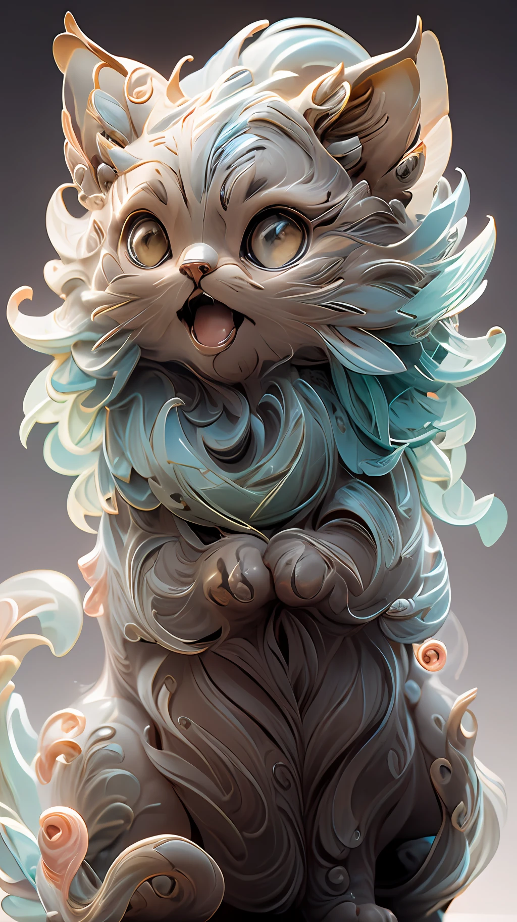 in the shape of a cat,Bling background,Dreamy colors,Transparent statue,florals,Big eyes,red colour,Colorful colors,Open-mouthed,laughingly,tmasterpiece,(best qualtiy:1.3), full bodyesbian,Ling_Long