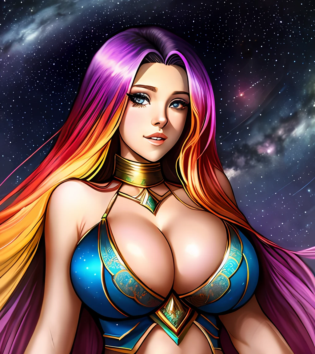 Zoe the Guardian of the Stars,Has long gradient hair like a rainbow,Lori huge breasts cleavage,Eccentric,