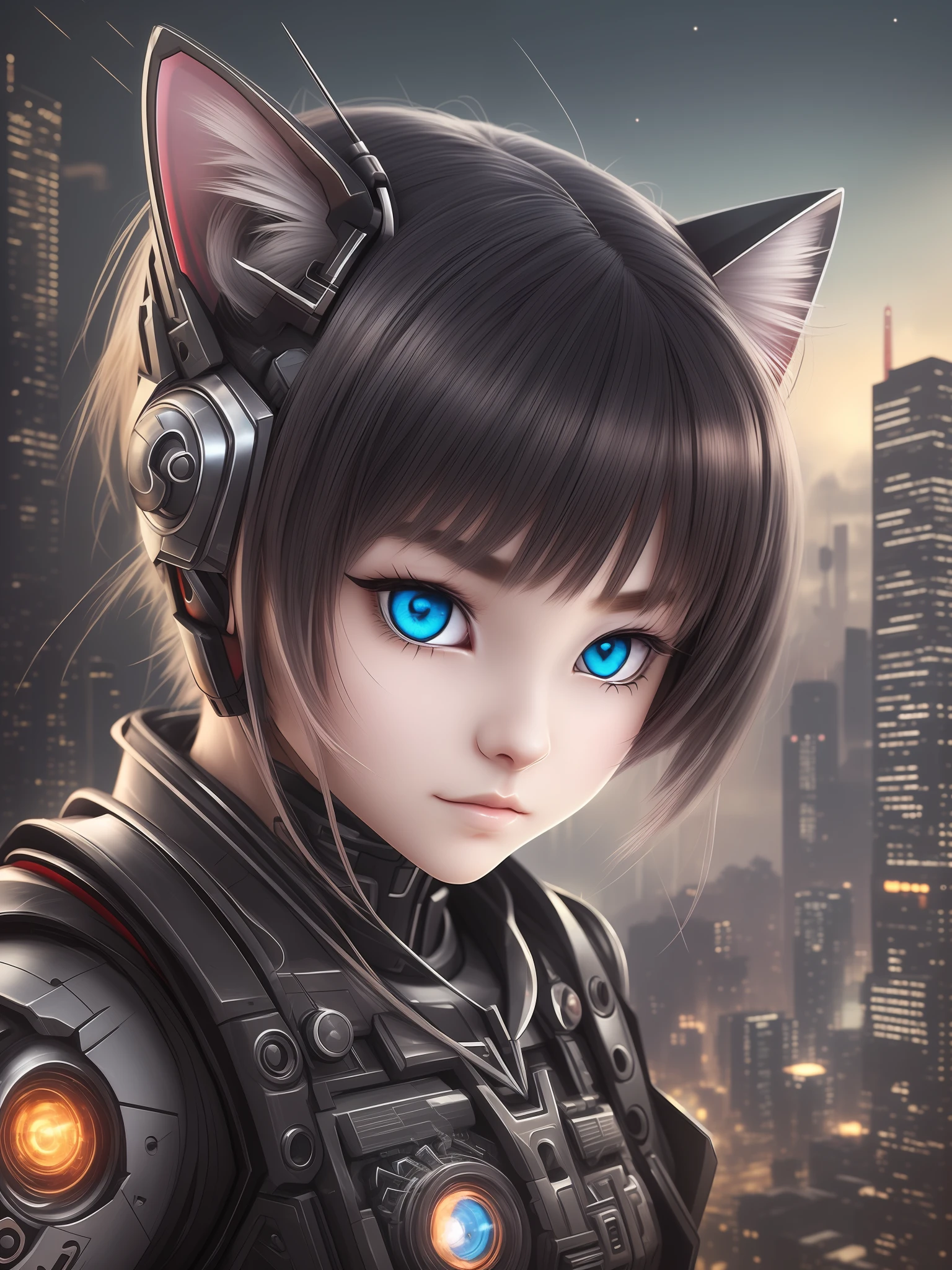 a cute kitten made of metal、GUNDAM Cyborg、Cyberpunk style、((intricate-detail))、tchf、((intricate-detail、ultra-detailliert))、Cinematic shots、vignettes、odd eye、Black cat、kosmos、knights