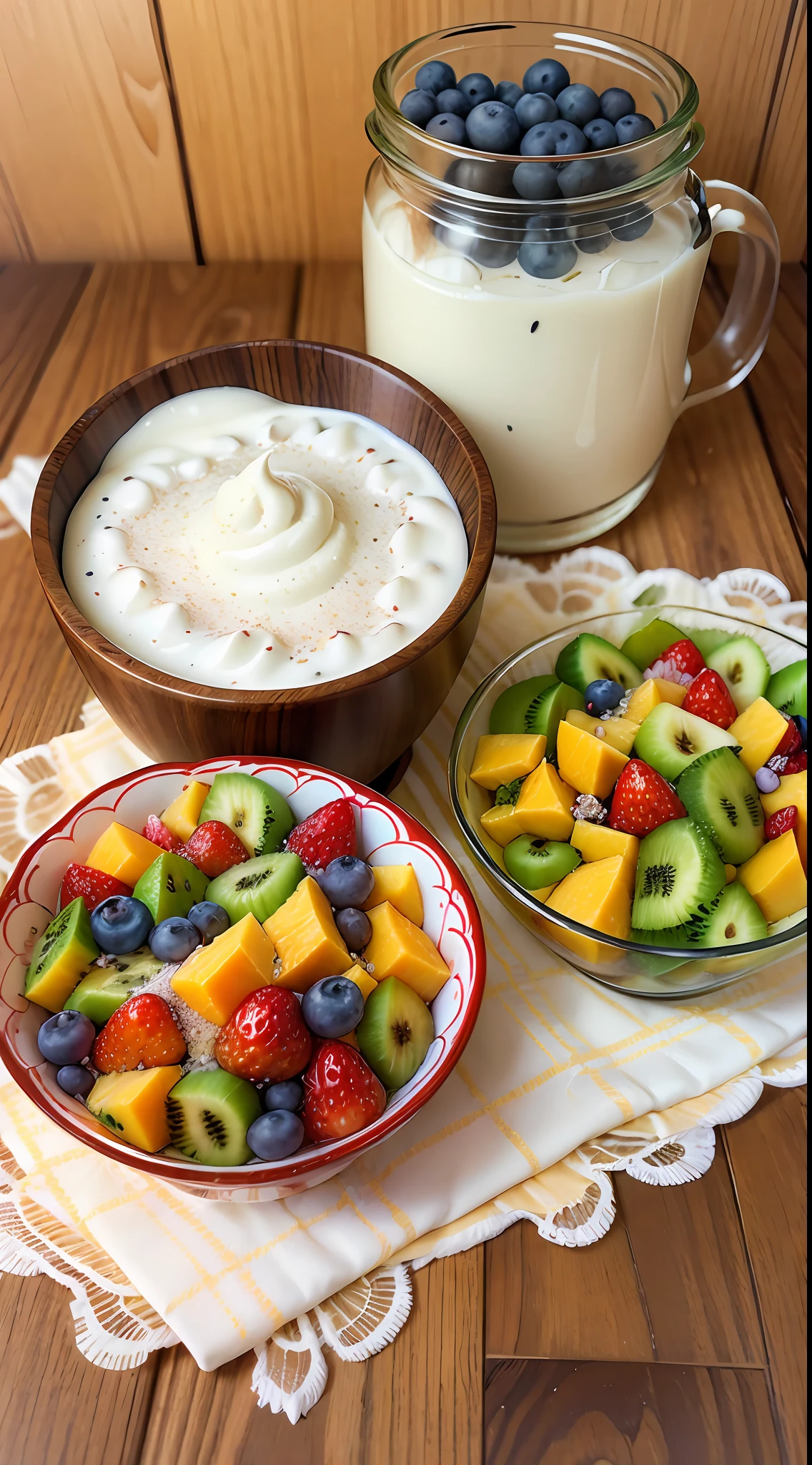 2 tablespoons chia seeds 1 cup milk (can be cow's milk, vegetable milk or yogurt) 1 tablespoon honey or other sweetener of your choice 1 teaspoon vanilla extract (optional) Chopped fresh fruits (For example, strawberries, kiwi, mango, a banan,Orange, blueberries, etc.) for topping, cloth, lace, decor --auto --s2