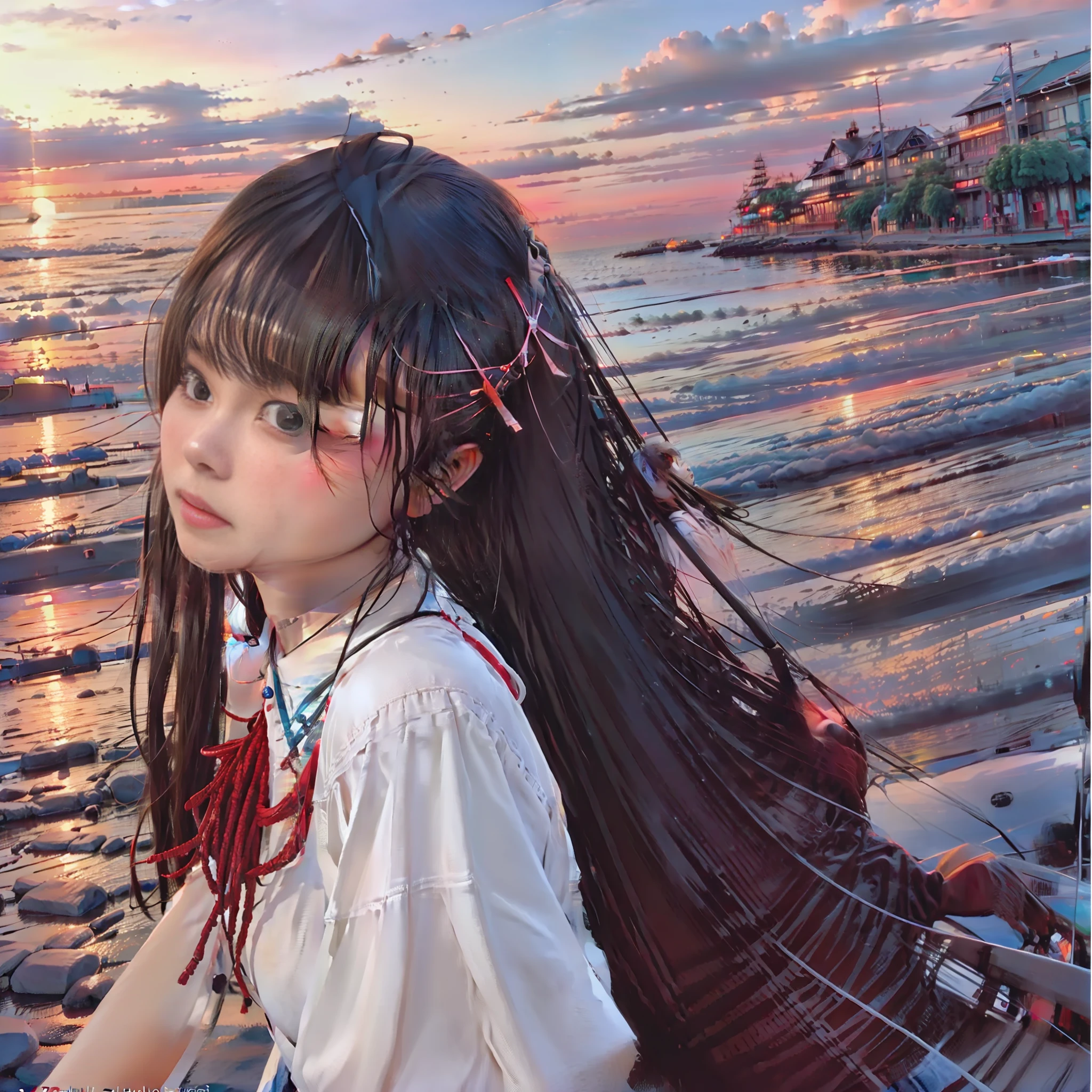 Wide seaside,A girl with long flowing hair, Look up at the brilliant sunset sky。