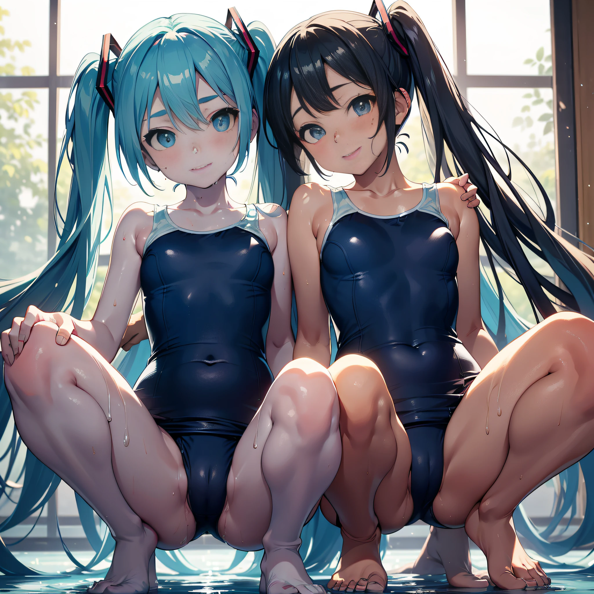 (masterpiece, best quality, 8k wallpaper:1.2 ), ultra detailed, absurdres, highres, long blue-green twintail hair, (hatsune miku:1.3), 7 yo, (2 girls), , short legs, short arms, petit, being stumpy, (bend over forwards deeply from facing below), ((1girl)), (flat chest), (((glossy slippy smooth texture {blue|black} one-piece japanese school swimsuit:1.3))), ((merciful motherhood kind smile)), (looking at viewer), lower body, close up butt, too sweaty body, silky skin, beautiful eyes, long hair flowing with the wind, beautiful smile line, big blue eyes, shiny hair, beautiful detailed eyes, beautiful detailed skin, beautiful detailed clothes, hand on hip, head tilt:1.2, (flat chest), troubled eyebrows, framed double breasts, under bust, too wet skin, too wet clothes, glossy skin, glossy clothes, skindentation, skin tight, thick tight, Calm stream, portrait, bend forwards deeply, (flat chest), cute face, kawaii, peeping shot from facing below, peeping dripping, open legs, spread legs, squatting, knees stand up, realistic, realism, photorealistic, dripping yellow wine in crotch, girls sandwich, ((2 girls close to the center nearby)), ((reach out to the viewer:1.2)), both inner thighs, loli child, child girl, stanned skin