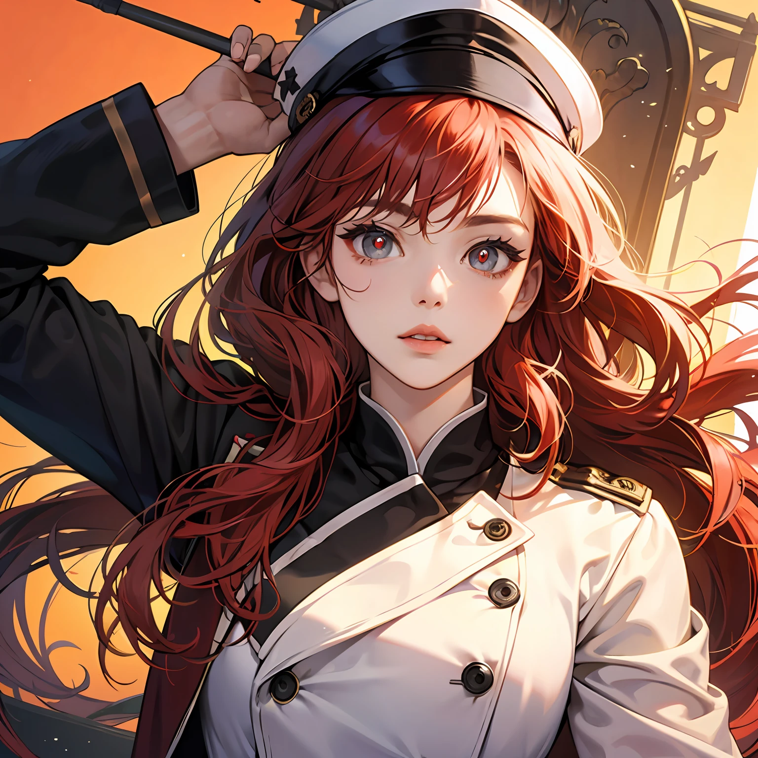 Red-haired beauty、Single horsetail、A half body、red pupils、Naval uniform --auto