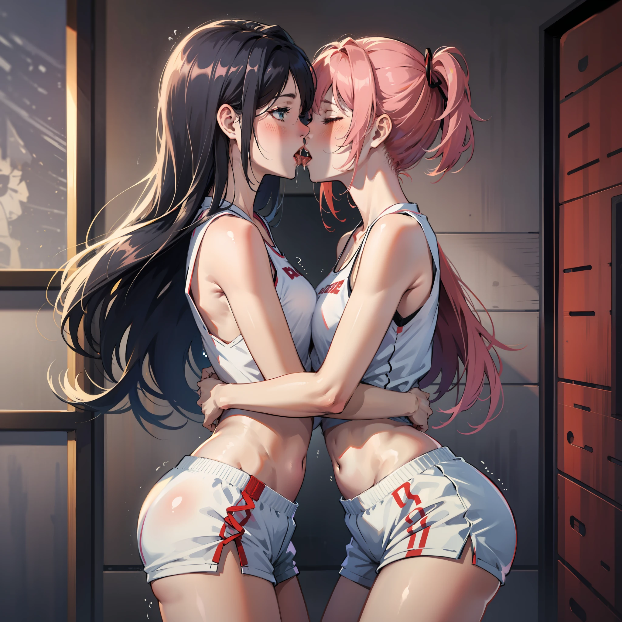 Two women having fun in a gymnasium、Obscene 1,2、Perverted act 1,2、NSFW:1,2、Lesbian Mika:1,2、Grabbing each other's buttocks、the kiss、Saliva、tongue、red blush、Wet basketball uniform、shortpants、tre anatomically correct