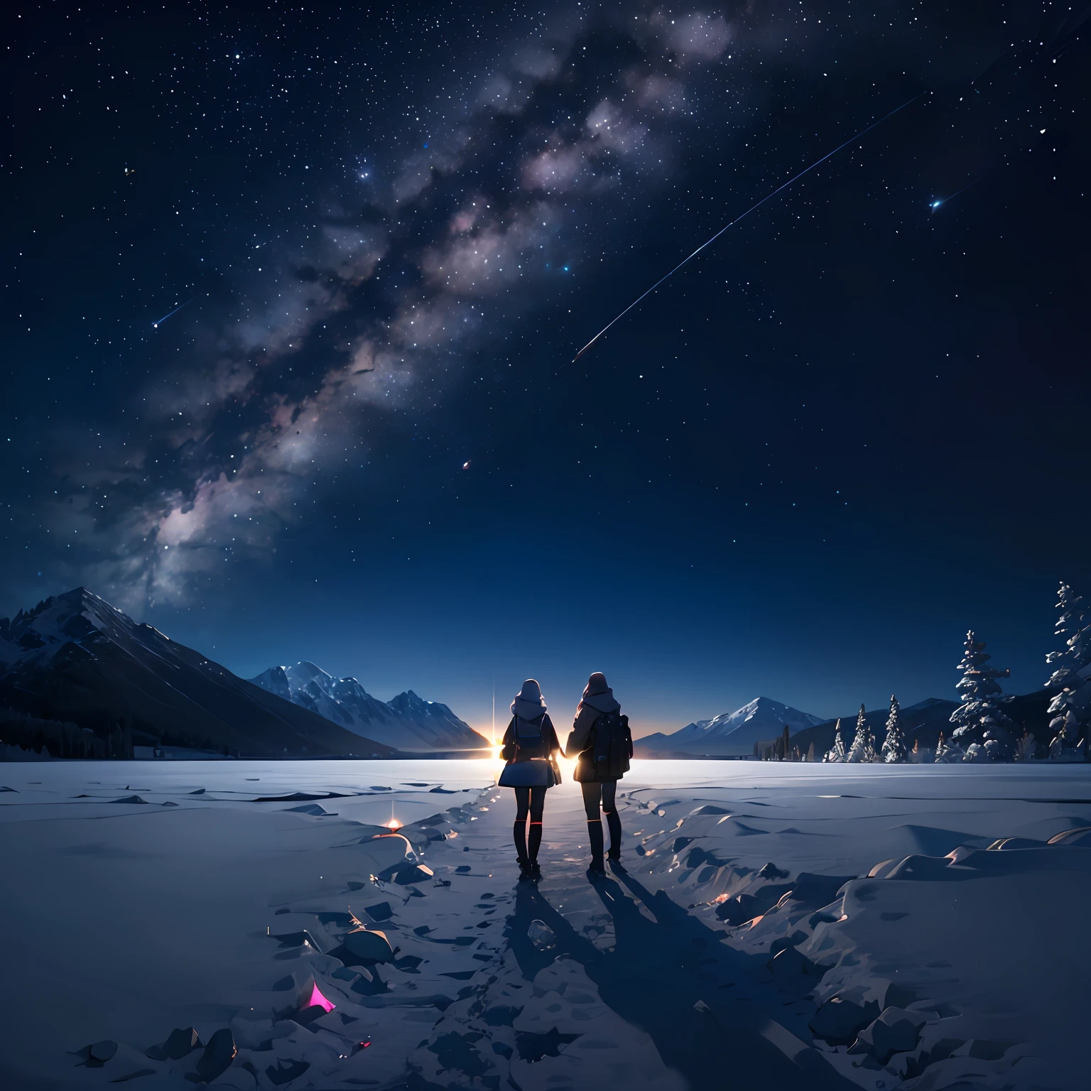People at the top of snowy mountains，Vista of snowy mountains，figure silhouettes，Raise your finger to the Milky Way，Faraway view， landscape, deep in the night，extreme light，Starry sky photography, galactic, The lake reflects the Milky Way at the foot of the mountain，Astronomy enthusiasts，star-filled sky，surrealism, Cinematic lighting, Sony FE GM, Wide-angle, hyper HD, Best quality, A high resolution --auto