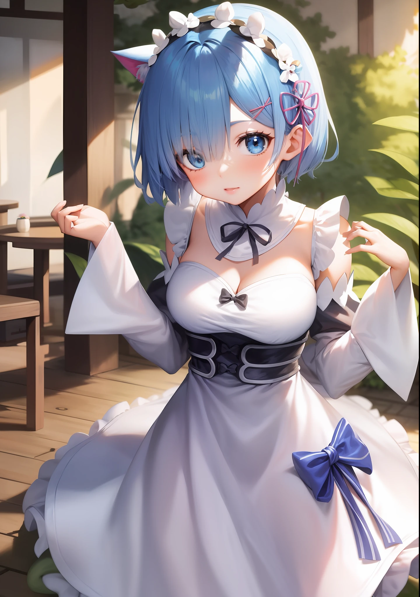 anime girl with blue hair and white dress holding a stuffed animal, Rem Rezero, short blue haired woman, Rei Ayanami, ayanami, anime moe art style, anime visual of a cute girl, ****，Cat ears，Hand flowers