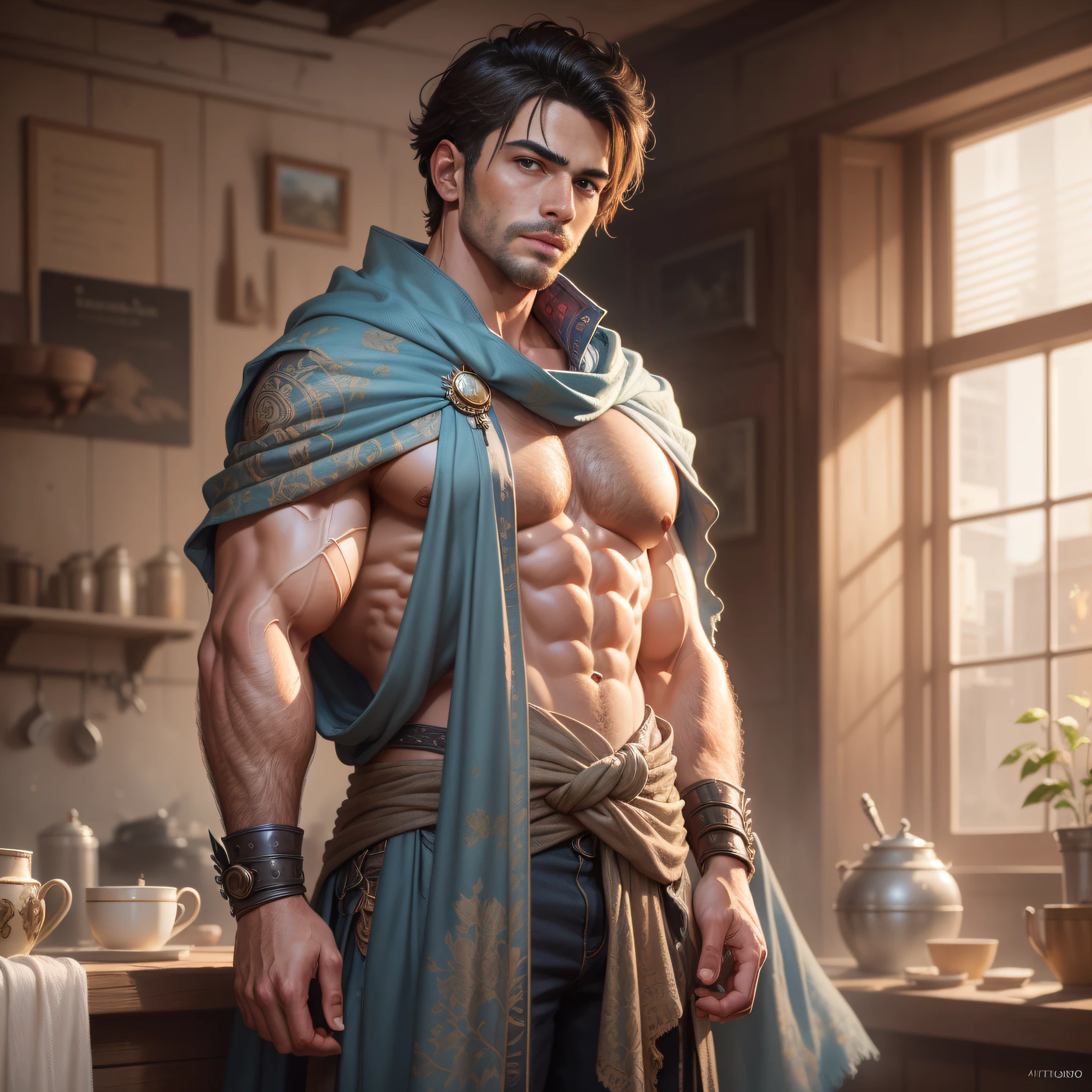 Man wrapped in old dirty cloth, wide angles, ((Detailed environment)), Muscular, Handsome, Detailed background, Lifelike, ((Highly detailed)), ((Intricate)), Detailed face, Natural colors, ((((professional color graded)))), Photorealism, 8K, crisp lighting, trending on tumblr, art by artgerm and greg rutkowski and alphonse mucha and loish and WLOP