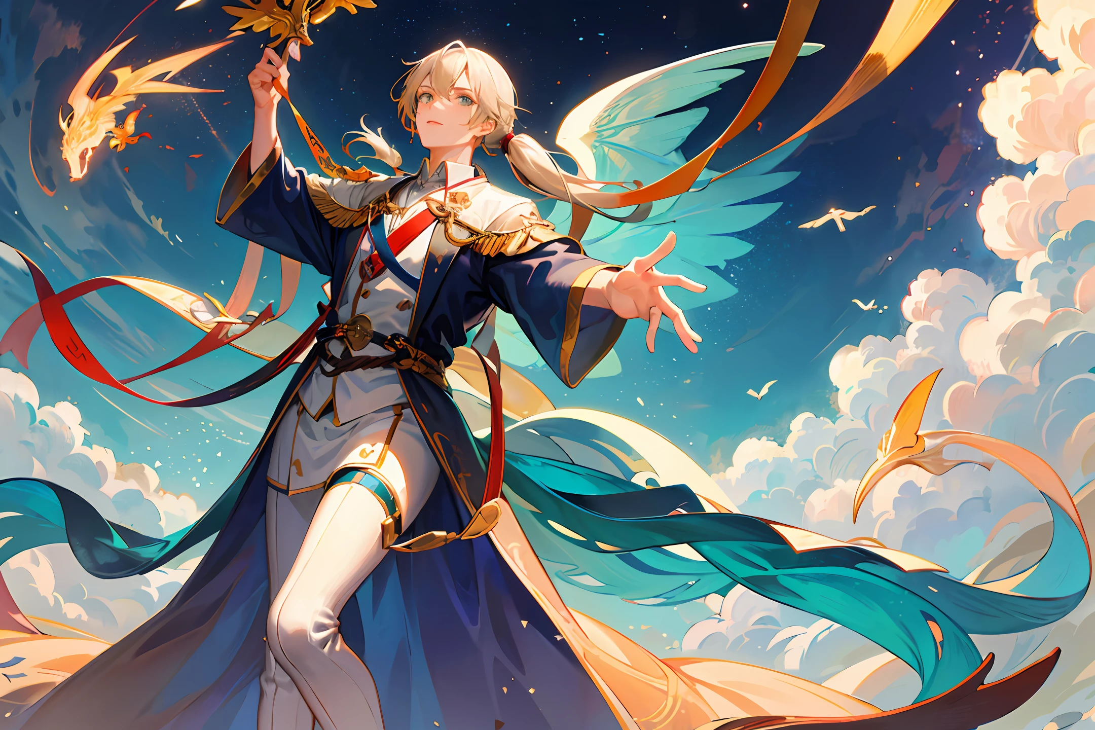 A tall ponytailed long-haired boy in a cyan costume robe hangs above the sky with a sword ,Large white clouds spread across the sky,A golden dragon circled and flew in front of the young man