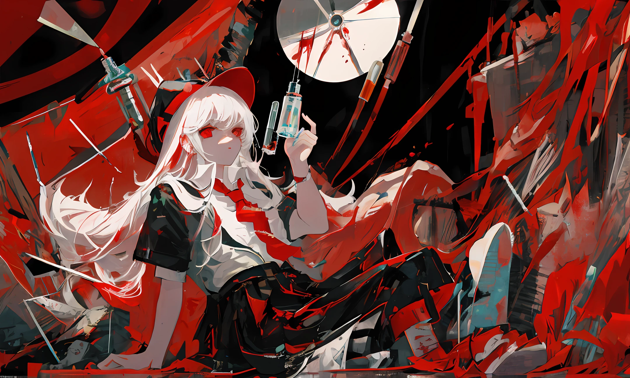 Long white hair,Red eyes,schoolboy,blood stain,Hold the syringe in your hand