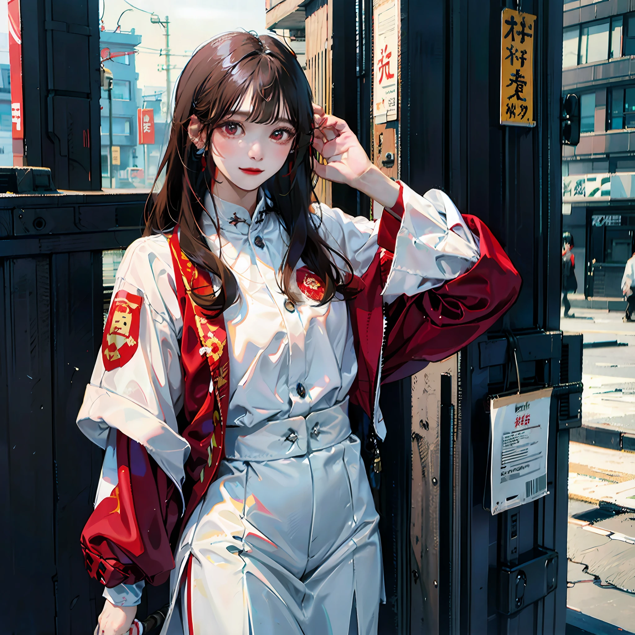 Long hair and bangs, female 18 years old,Wears a white cheongsam with a red embroidered baseball jacket,Chinese sword in hand,The background is a Chinese cyberpunk street