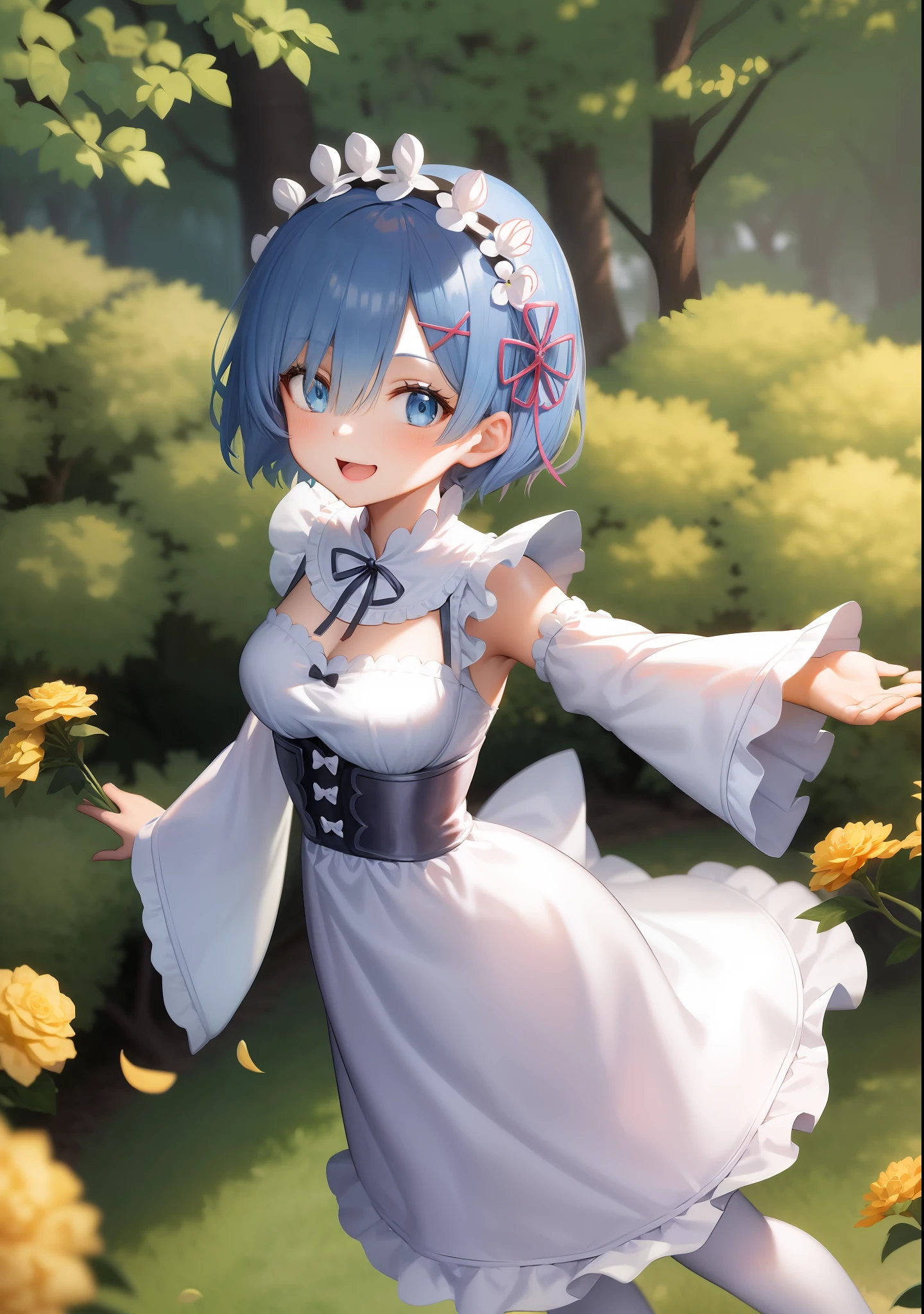 Anime girl with blue hair and white dress holding flowers, Rem Rezero, short blue haired woman, Open your arms, ayanami, anime moe art style, [[[[grinning evily]]]], ****