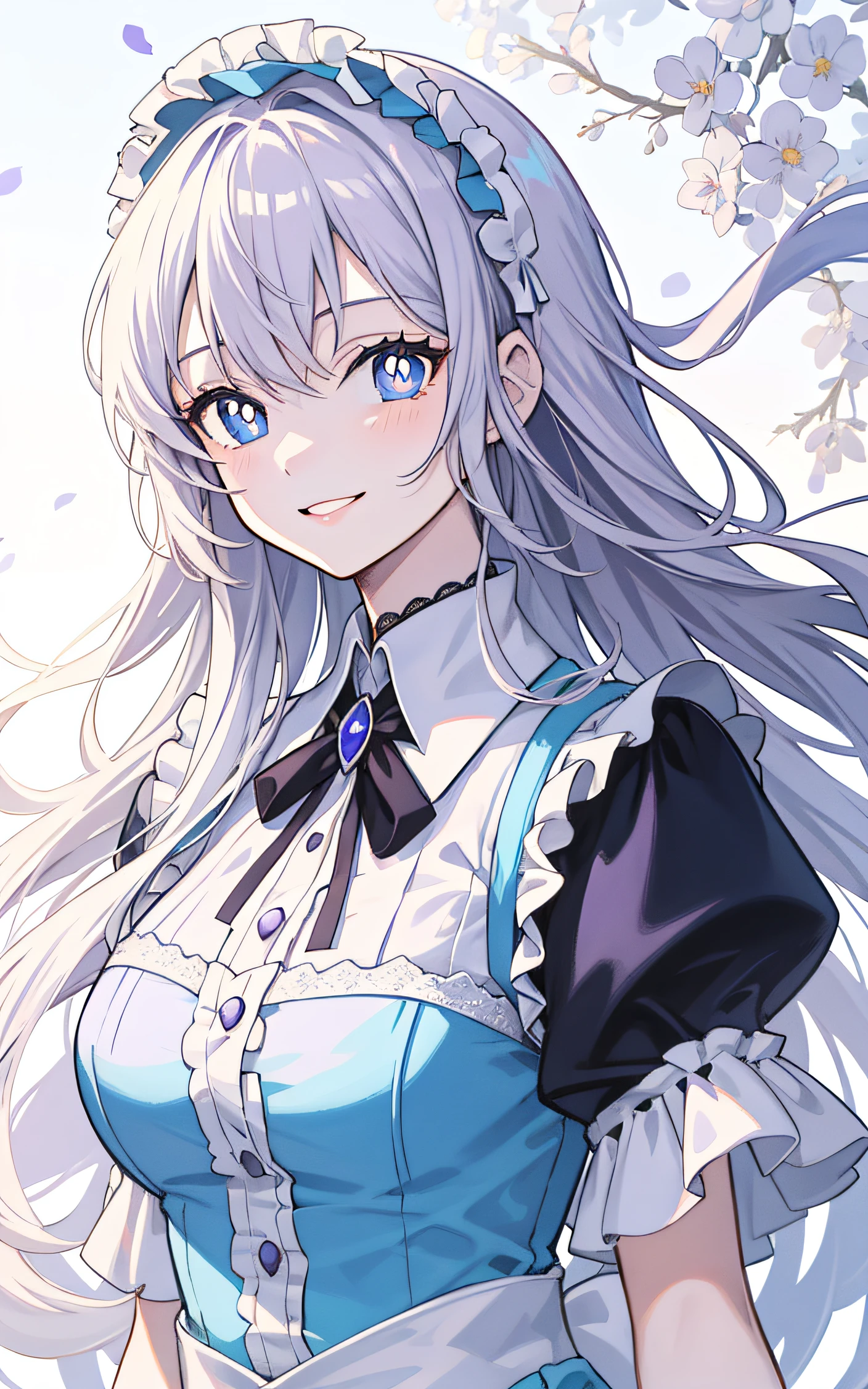 tmasterpiece,high high quality,Very detailed portrait of a two-dimensional anime character,Beautiful dress in Lolita style,Off-white lace trim,Long hair flowing away,The girl was smiling,Purple pupils,k hd,style art,Two-dimensional painting style。