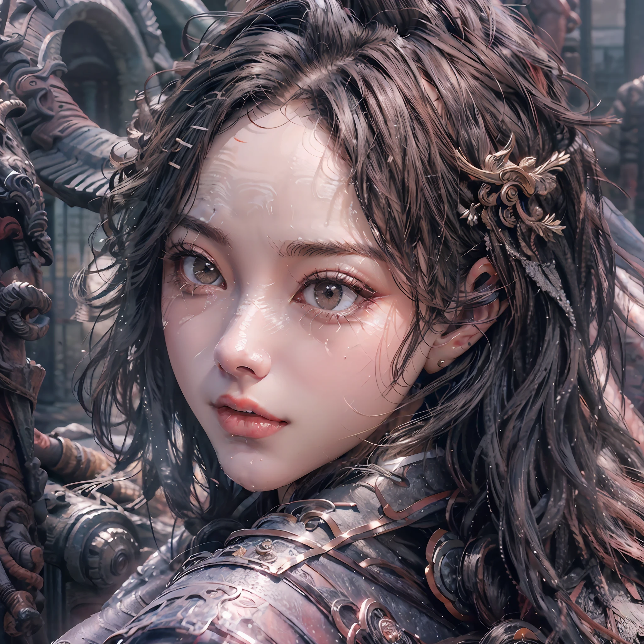 Brown hair, bangs, mouth veil, white hair ribbon, Heart-shaped pupils, raised eye brows, Earrings, Smile,, multiple monochrome, anaglyph, Eye level shots, From the outside, Perspective, letterboxed, partial underwater shot, shadowing, High detail, A high resolution ,superrealism --auto