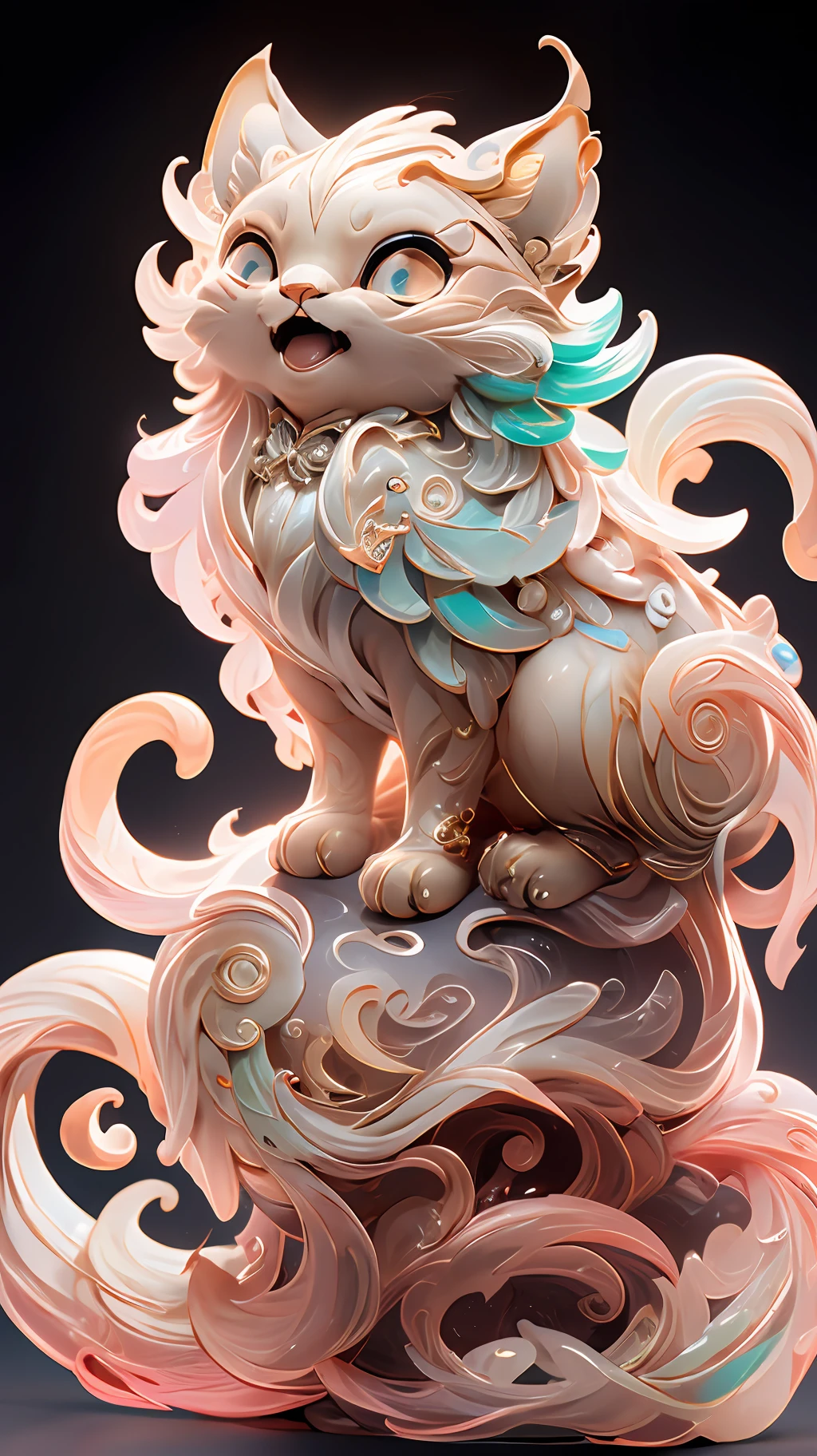 in the shape of a cat,Bling background,Dreamy colors,Transparent statue,florals,Big eyes,red colour,Open-mouthed,laughingly,tmasterpiece,(best qualtiy:1.3), full bodyesbian,Ling_Long
