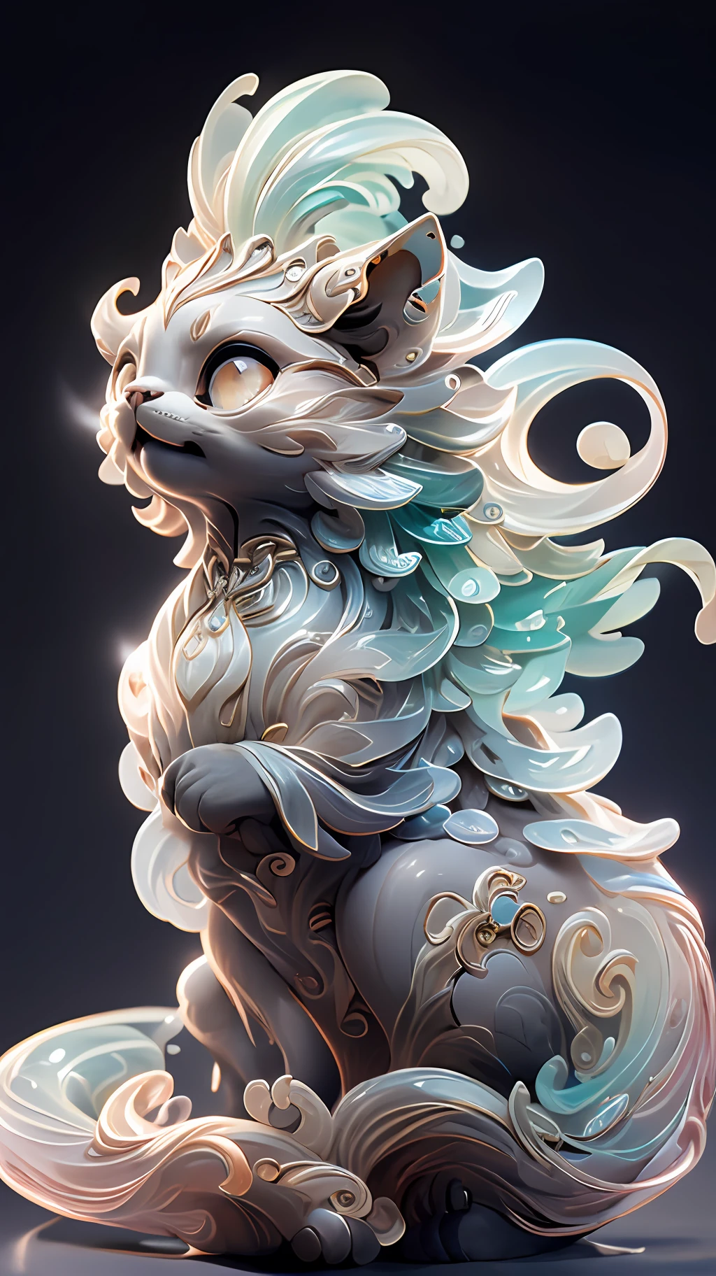 in the shape of a cat，Bling background，Dreamy colors，Transparent statue，florals，Big eyes，red colour，Open-mouthed，laughingly，tmasterpiece，（best qualtiy：1.3）， full bodyesbian，Ling_Long