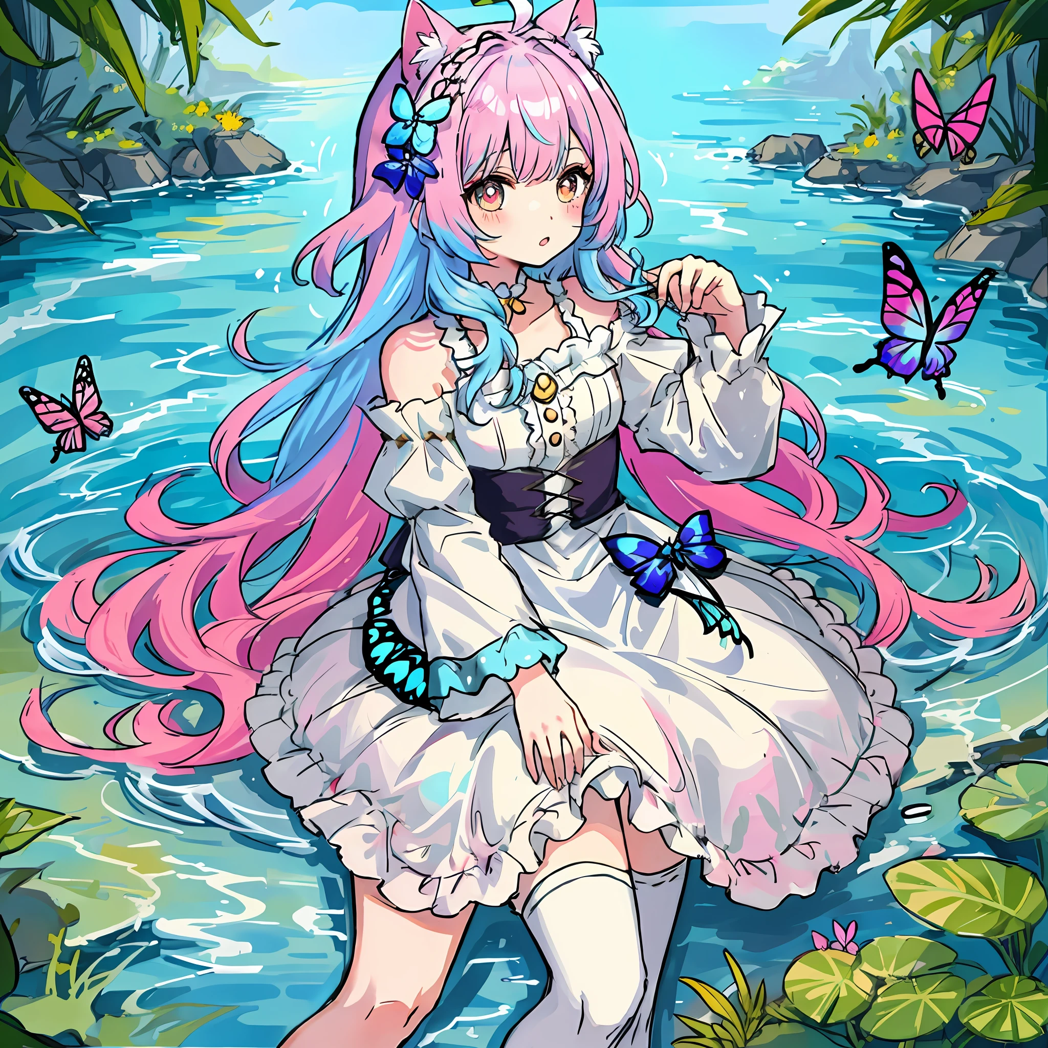 A meadow({multicolour_Hair+Light blue hair:1.8+Pink hair:0.2})Beast-eared li,White fat meow-style makeup,Tiny cute,Colorful falls,Butterflies flutter,white stockings,Butterfly flower headdress