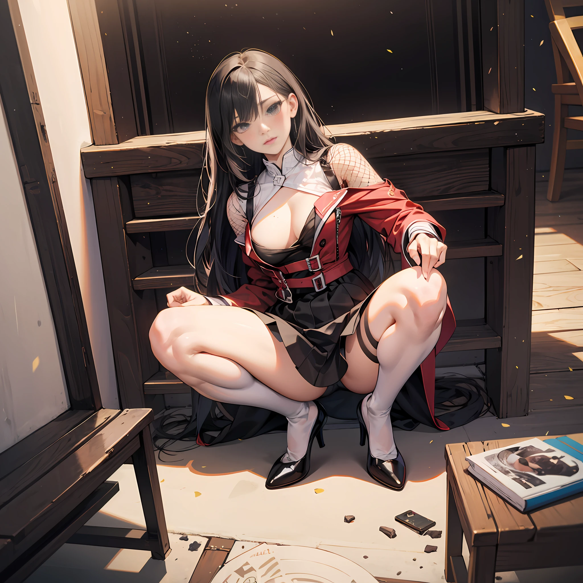 Anime mature woman,Mesh stockings,upskirt with,squatt,Glamorous,orthofacial,Correct leg model,Hand model,Correct body structure,tmasterpiece,Vivid blushing face,be full of details,Black ripped stockings,爆乳