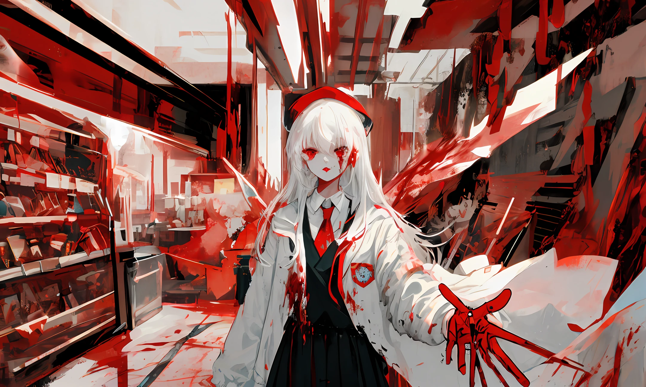 Long white hair,Red eyes,boy,blood stain,Hold the syringe in your hand