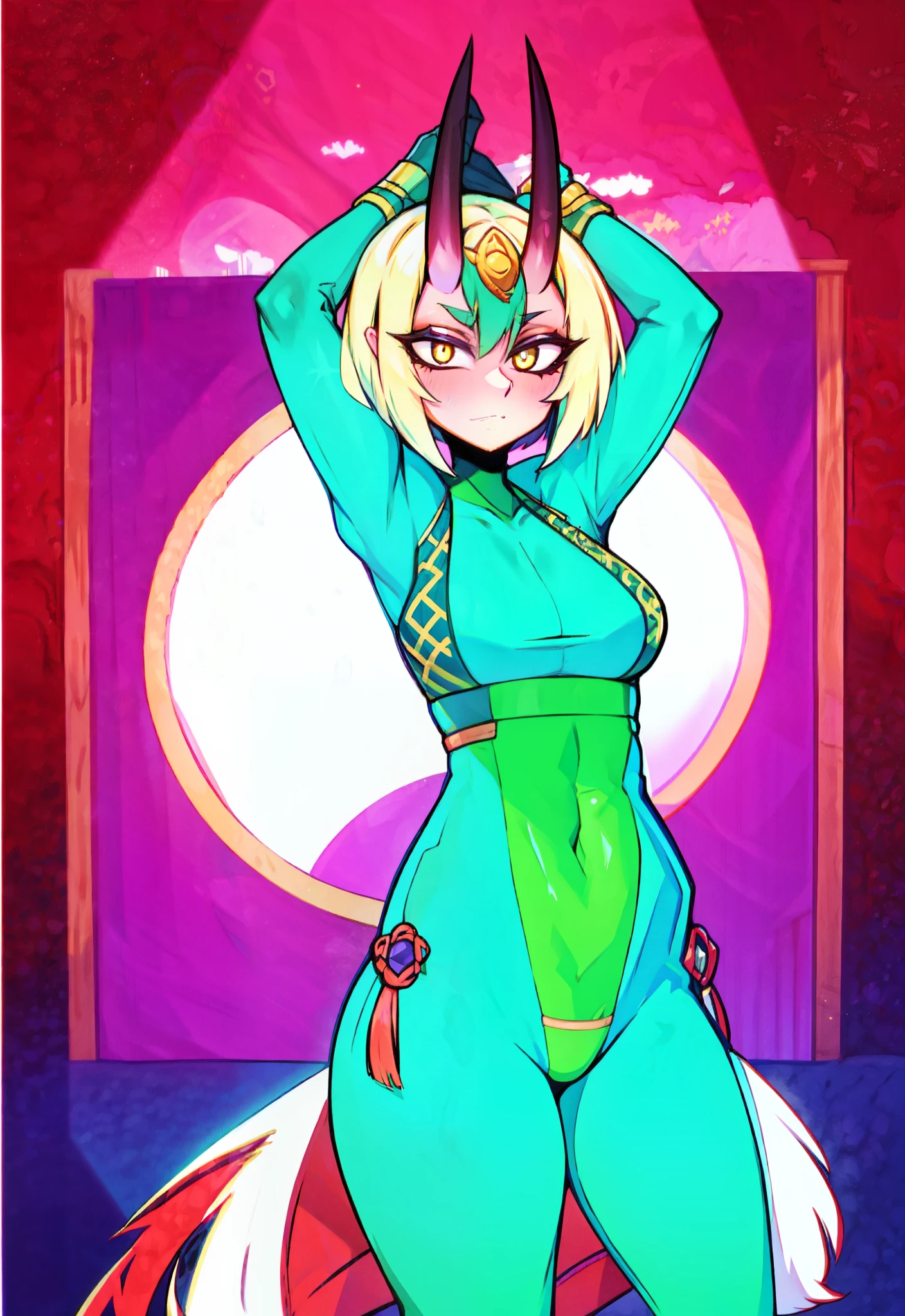 Shuten Douji, bob cut hair, arms up, pele colorida vermelha, olhos amarelos, sozinho, Presas afiadas, delineador, chifres de oni, corada, cabelo roxo, 1Menina, medium breasts, tatuagem, One-piece high cut micro swinsuit, Olhando para o espectador, maquiagem, umbigo, boca aberta, fundo gradiente, sentada na poltrona, pernas abertas, virilha exposta, cameltoe, corpo inteiro,