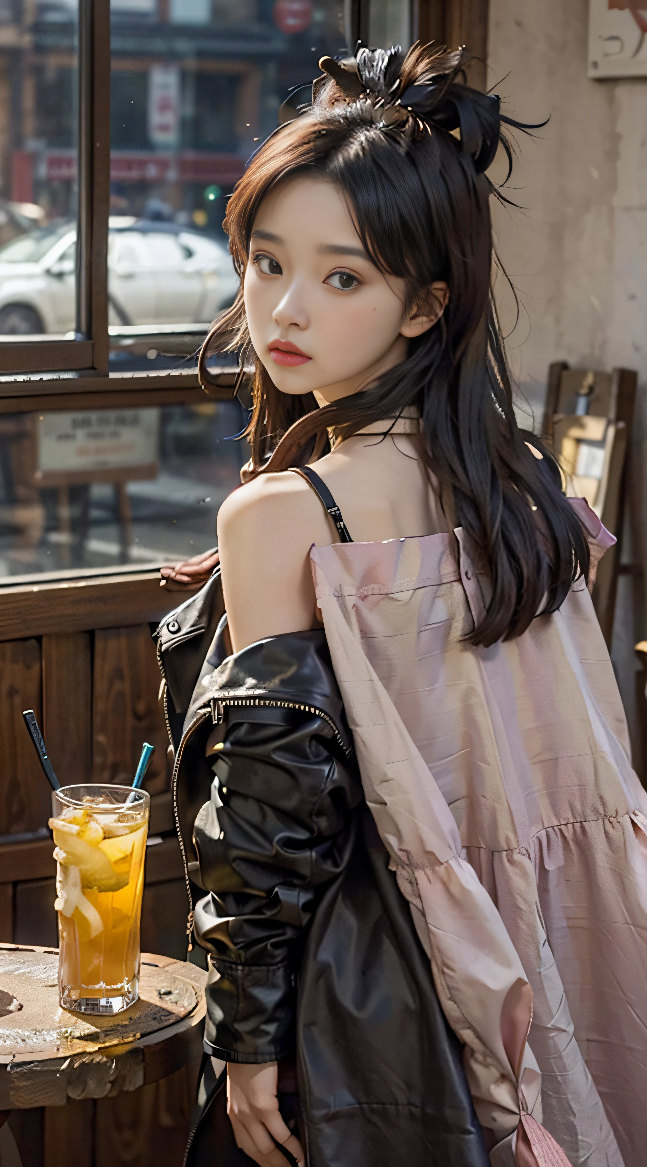 demi-corps,OriginalPhoto,At the empty table,Drink lemon juice,Burgundy leather coat,Exposed shoulder,Silver long hair hair,