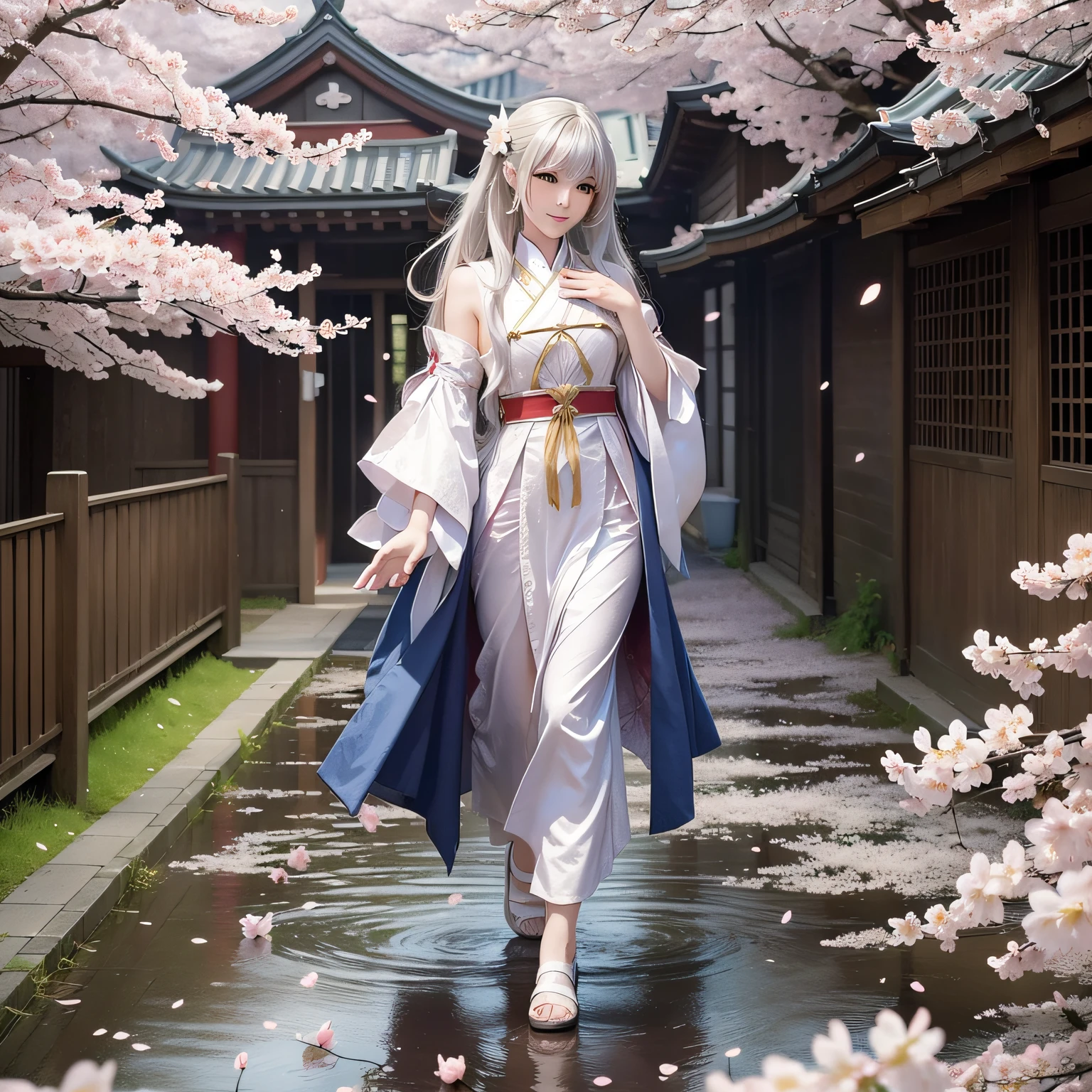 (extremely detailed CG unity 8k wallpaper, masterpiece, best quality, ultra-detailed), best illumination, delicate and beautiful, white-haired martial arts beauty, autumn, under the tree, golden leaves, dynamic pose, fluttering white robe, zen-like face. --auto