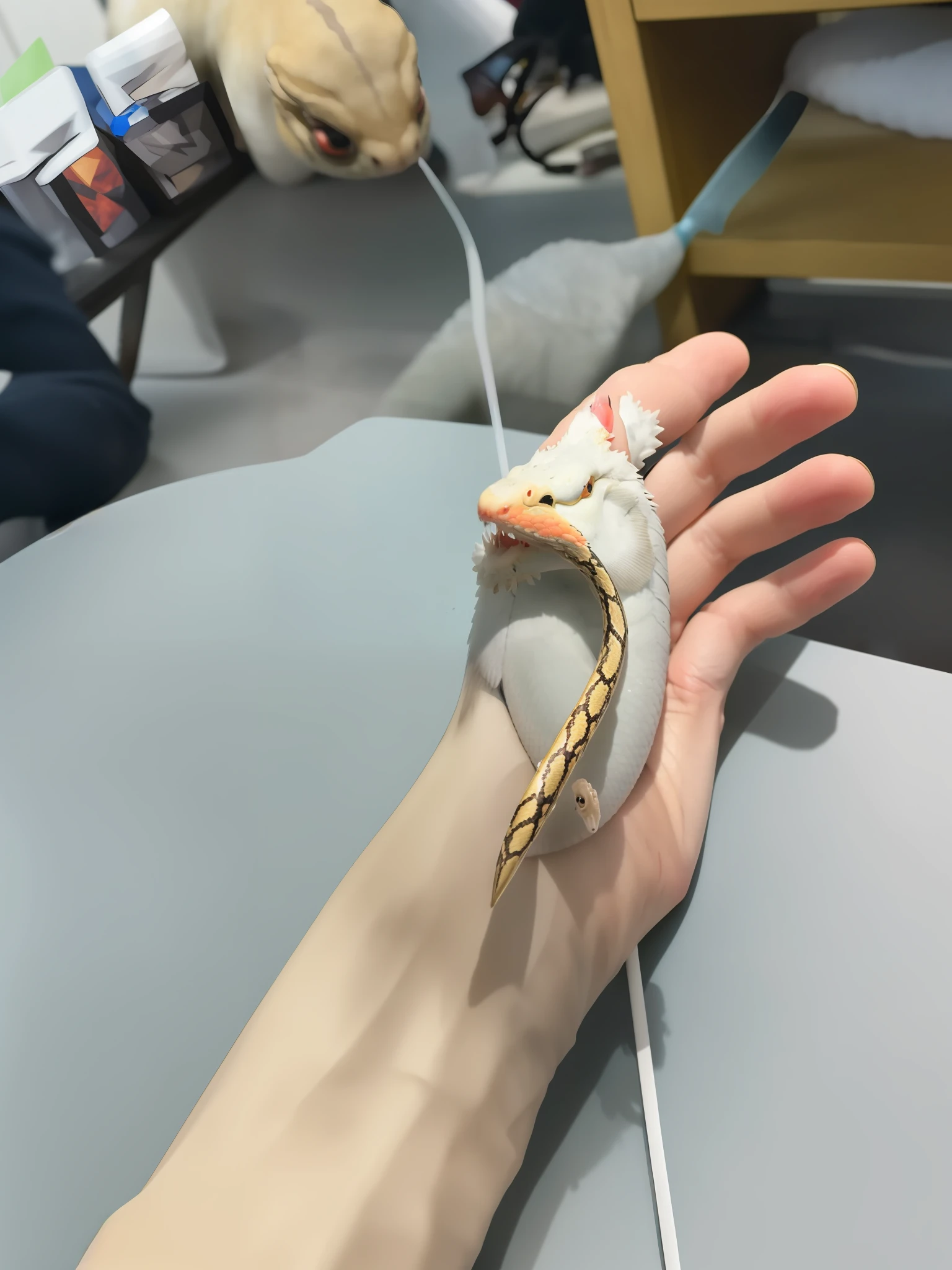 Someone was holding a small dragon in his hand and placed it on the table, forked snake tongue sticking out, holding a snake, Dragon body,plated arm, The shape of the hand is smooth, back of hand on the table, snake teeth, ultra-realistic picture