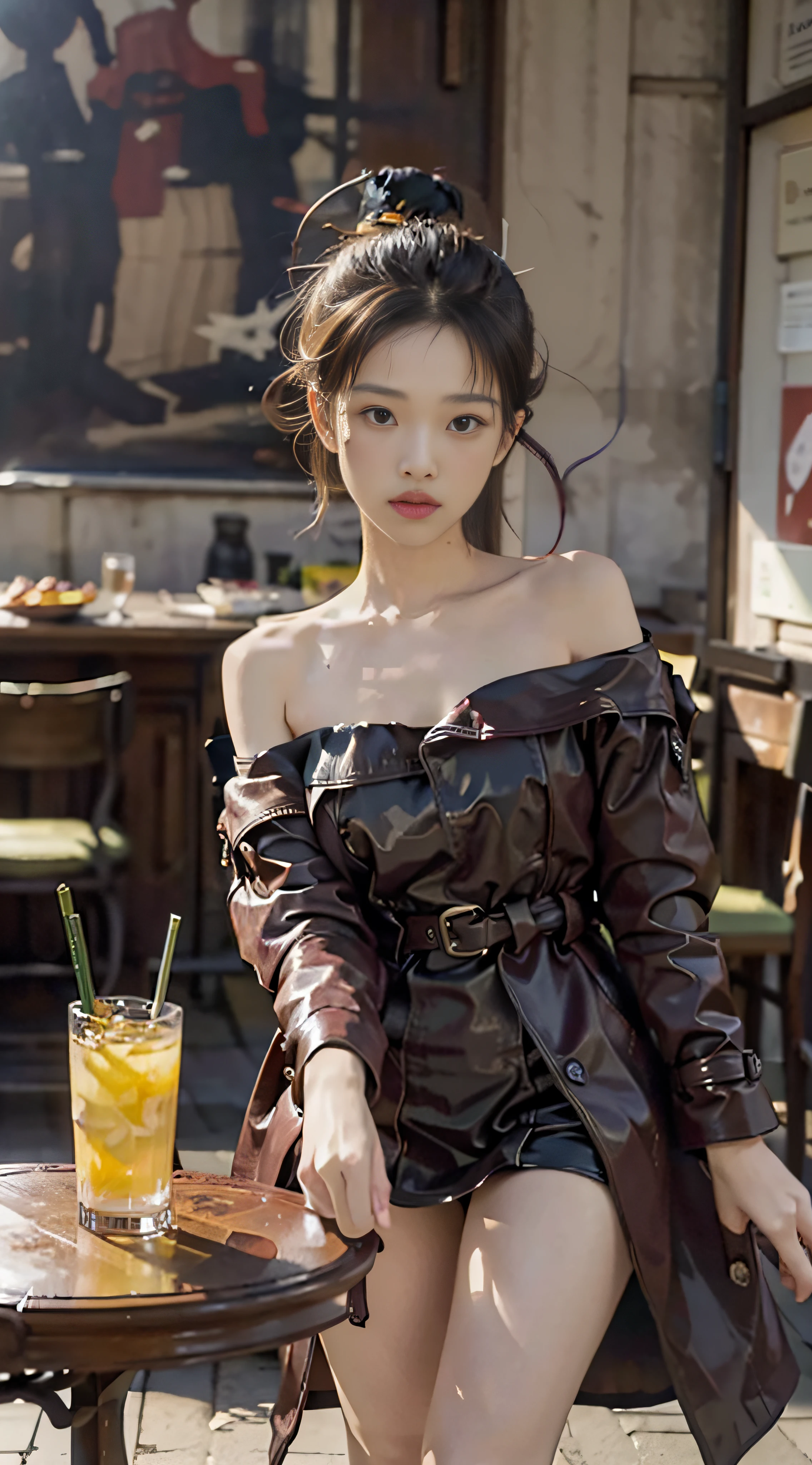At the empty table,Drink lemon juice,Burgundy leather coat,Exposed shoulder,