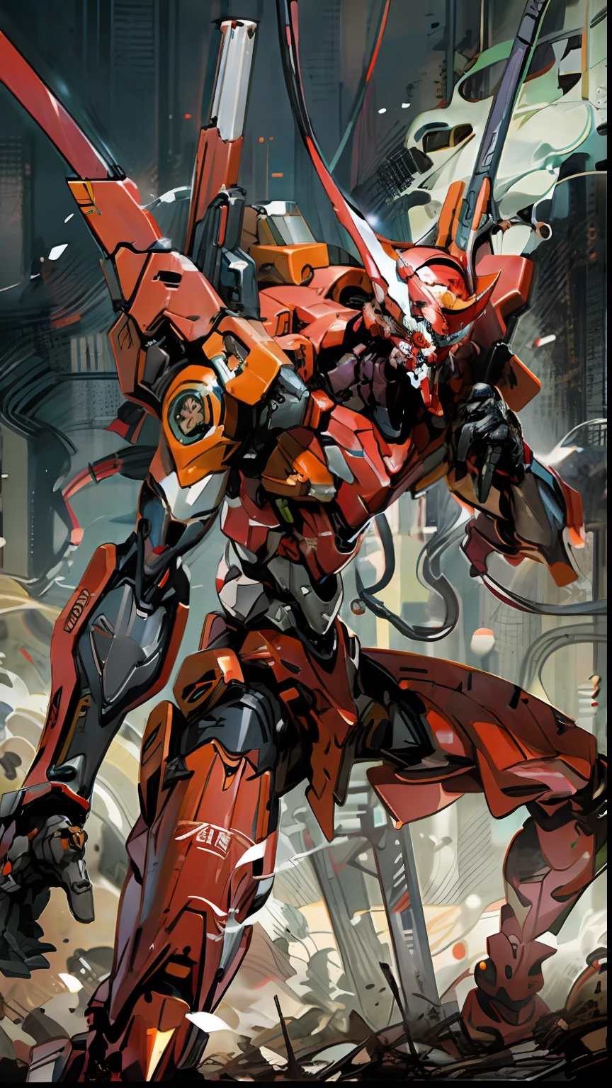 Eva 02, Eva, Evangelion mecha, science fiction, look viewer, (official art, best quality, masterpiece: 1.2), Illustrations, high resolution, beautiful abstract background, futuristic, comic book style, mecha, handheld weapon, lightsaber, depth of field, wide angle,