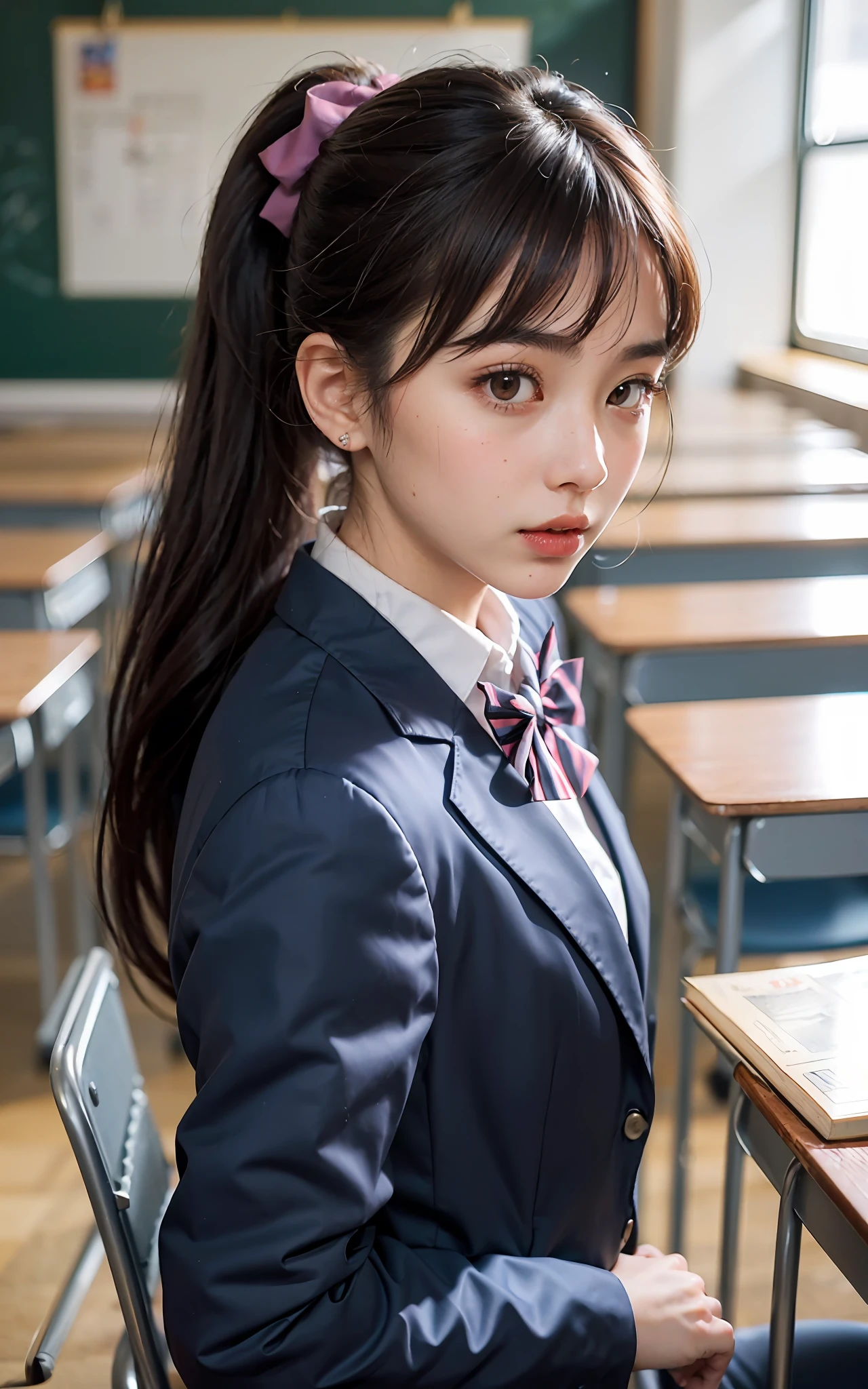 ((masterpiece))), (((top-quality))), ((ultra-detailliert)), (A hyper-realistic), (High Definition CG Illustration), Cinematic Light, Hphotorealistic,Very beautiful 16 years old、((Multiple students in the background、In class))、((The upper part of the body))、((Good anatomy:1.2))、((Dark blue blazer:1.2))、((High school girl taking a lesson in a classroom、Standing up and reading textbooks:1.2))、((serious facial expression、Embarrassing、Very red cheeks))、((dark brown hair、Ponytail hair))、Detailed eye、A detailed face、kawaii、Beautiful skins、((a bow tie))、Detailed fabric texture、(Japan Schools、Bright classroom、Multiple students、Random Face、blur backgroun)、Soft light、Don't expose it