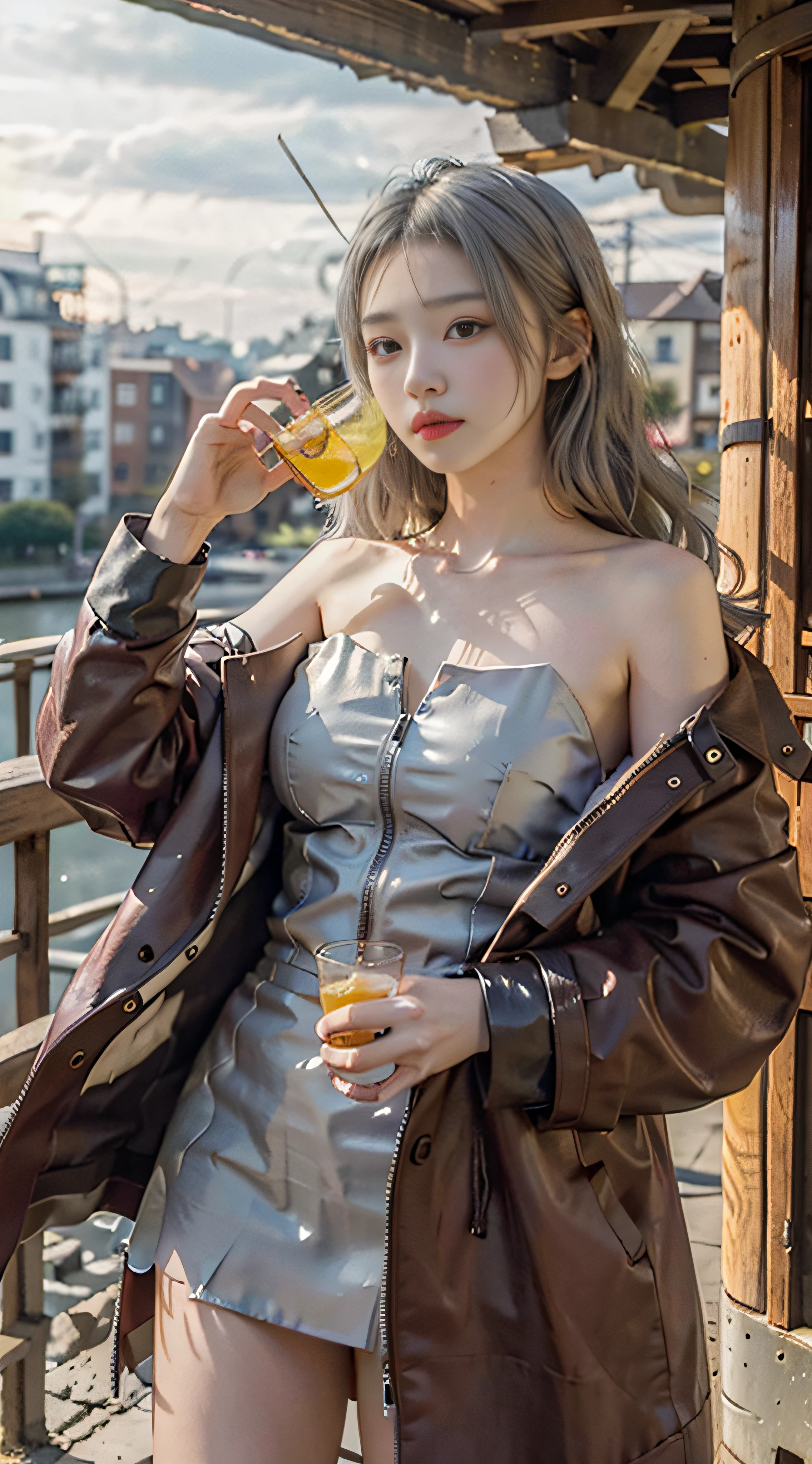 Drink lemon juice,Burgundy leather coat,Exposed shoulder,Silver long hair hair,Gray lace,Gray hair