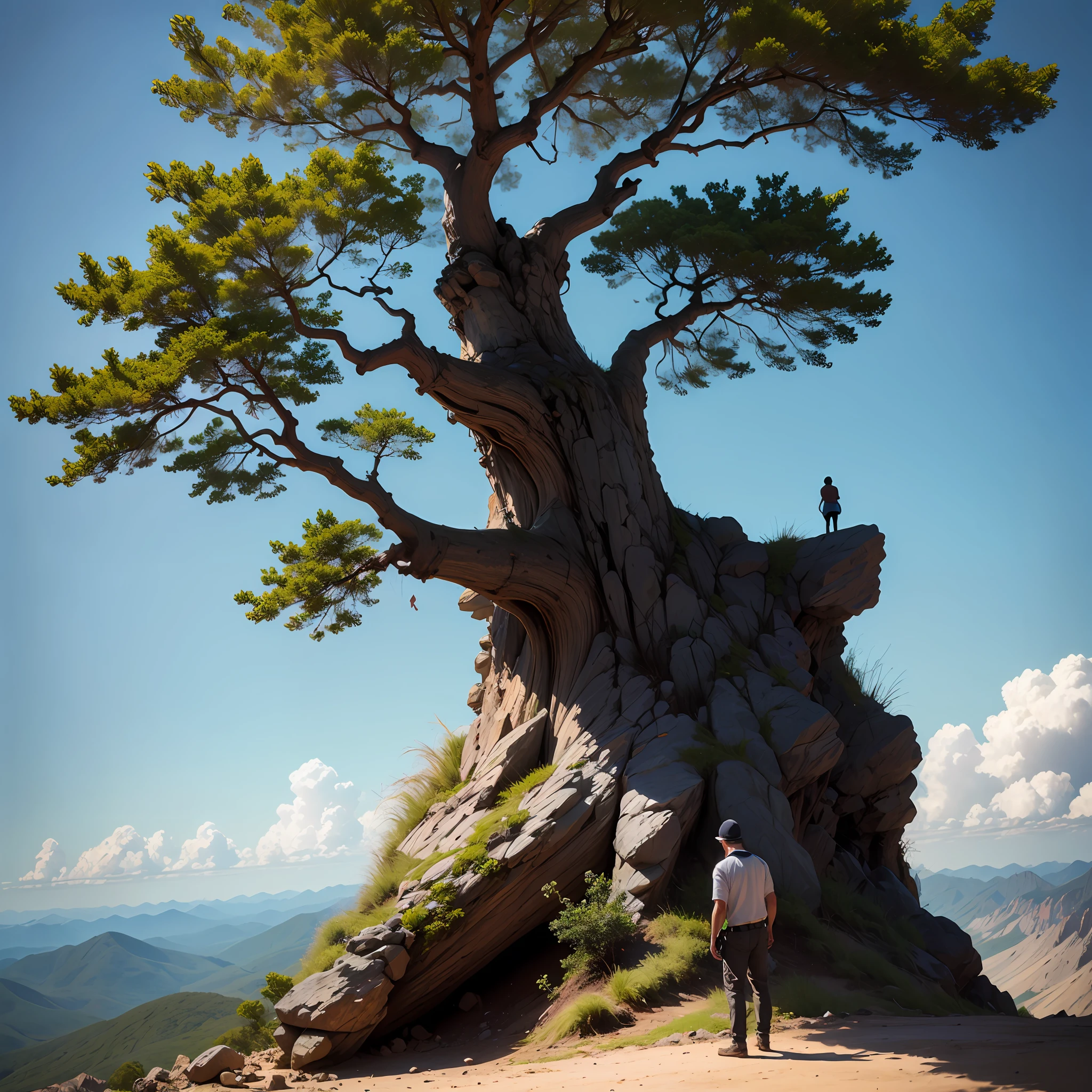 Tree on top of a mountain,com o sol e a lua atras, representando sabedoria