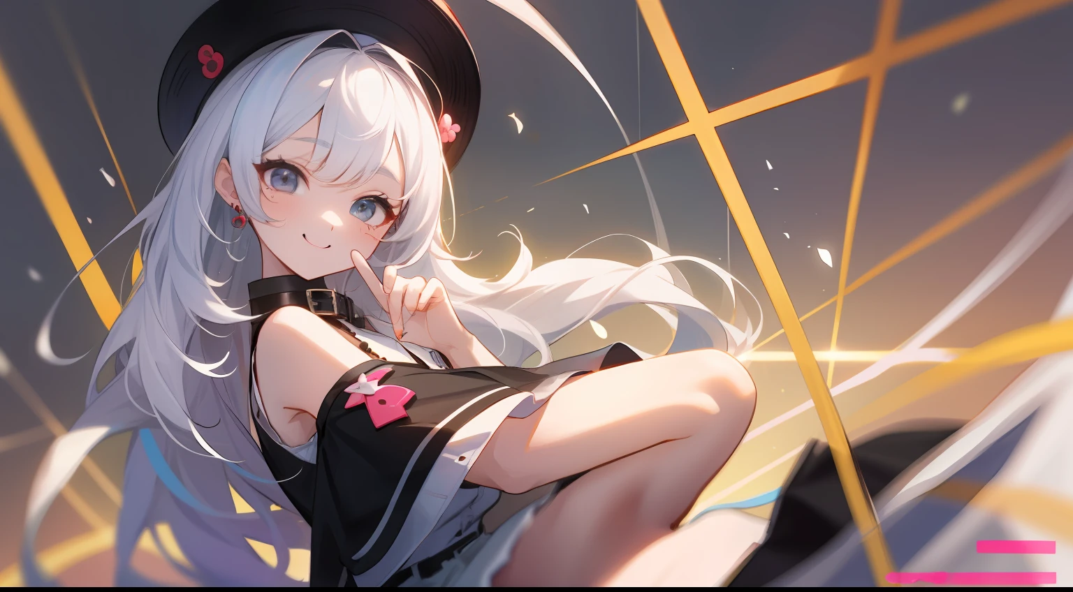 Best Picture Quality，A high resolution，1个Giant Breast Girl，adolable，Wear a white sleeveless button-down shirt and a short black skirt，Wearing a black collar，is a Kpop idol。She has "aegyo sal" and shiny white hair，When she puts on a playful and cute little grimace at the audience，Puffy eyes also appear in the corners of her eyes，The whole face looks very cute，The whole body is facing ahead。