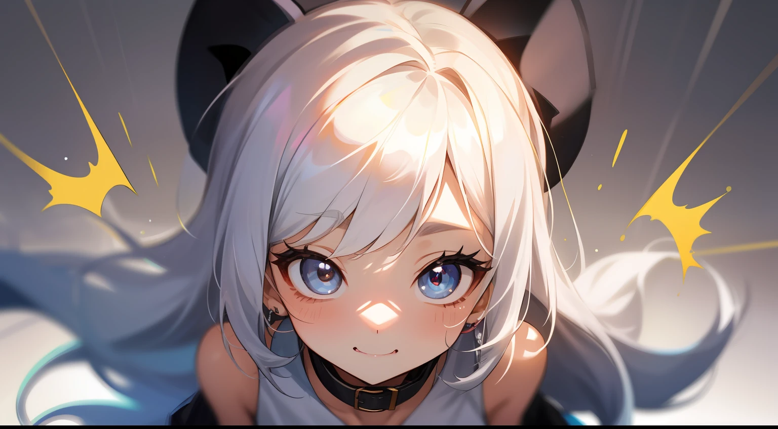 Best Picture Quality，A high resolution，1个Giant Breast Girl，adolable，Wear a white sleeveless button-down shirt and a short black skirt，Wearing a black collar，is a Kpop idol。She has "aegyo sal" and shiny white hair，When she puts on a playful and cute little grimace at the audience，Puffy eyes also appear in the corners of her eyes，The whole face looks very cute，The whole body is facing ahead。