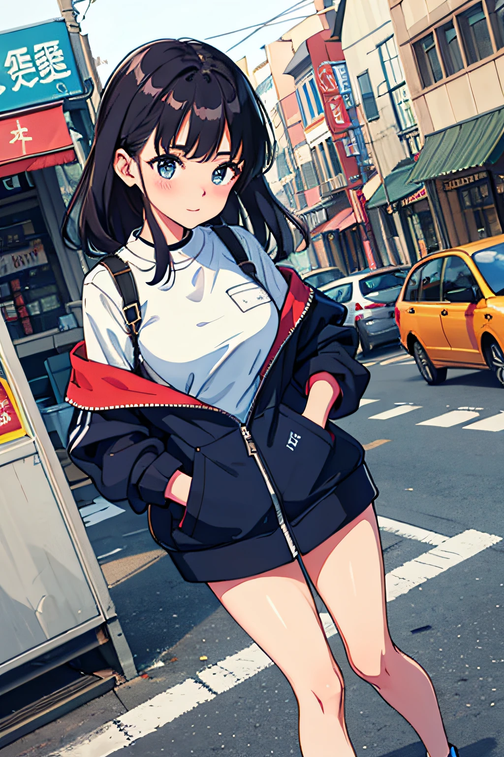 (Beautiful clear background),(street corner,muri,nooks),1个Giant Breast Girl,Fashionab,Hand in pocket,Blushlush,floated hair,side looking,dutch angle,mideum breasts。