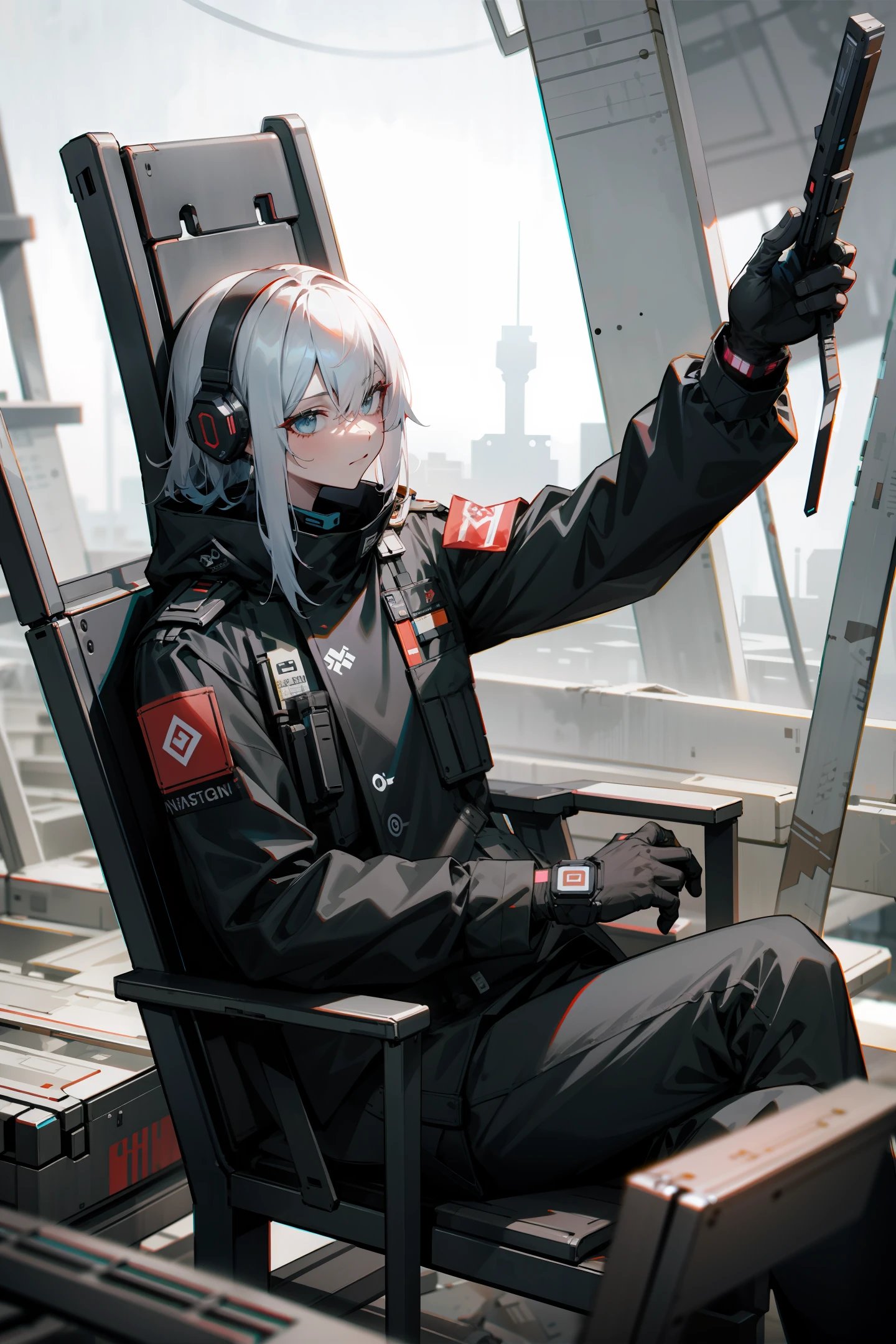 cyber punk perssonage,Wasteland,废墟,Hacker sitting in a chair,wearing black uniform,invade,