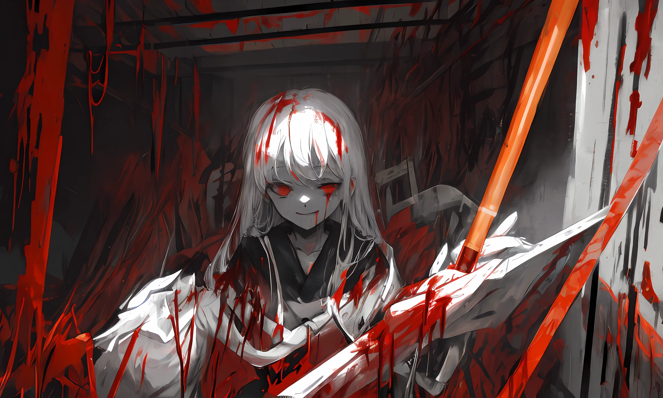 Long white hair,Red eyes,boy,blood stain,Hold the syringe in your hand,Doctor clothing,The psychopath smiles,mechanicalparts, Failure effect, horor, background inside dark, hyper realisitc, eerie, unnerving, spine-chilling, horor