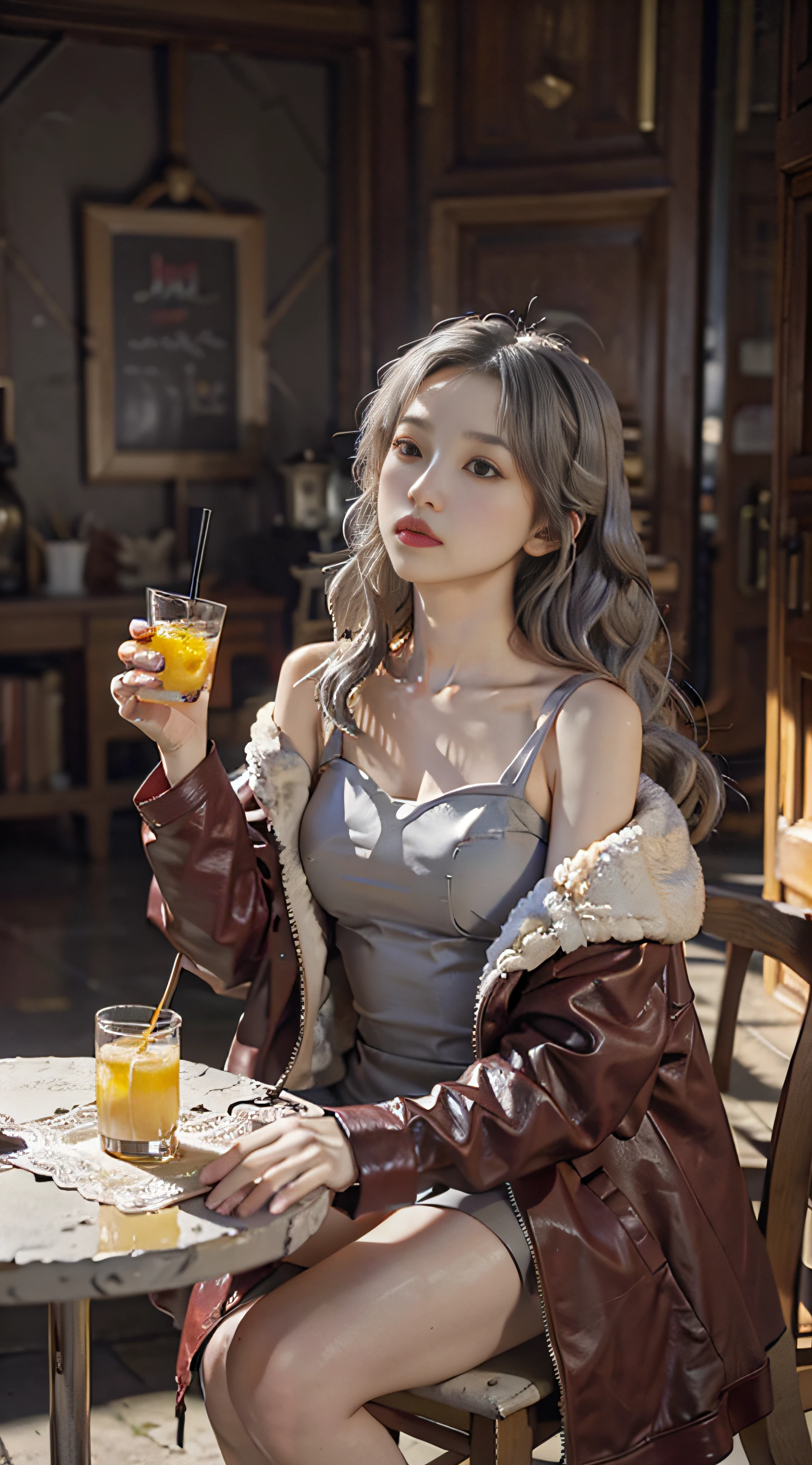 Look up,demi-corps,OriginalPhoto,At the empty table,Drink lemon juice,Burgundy leather coat,Exposed shoulder,Silver long hair hair,Gray lace,Gray hair