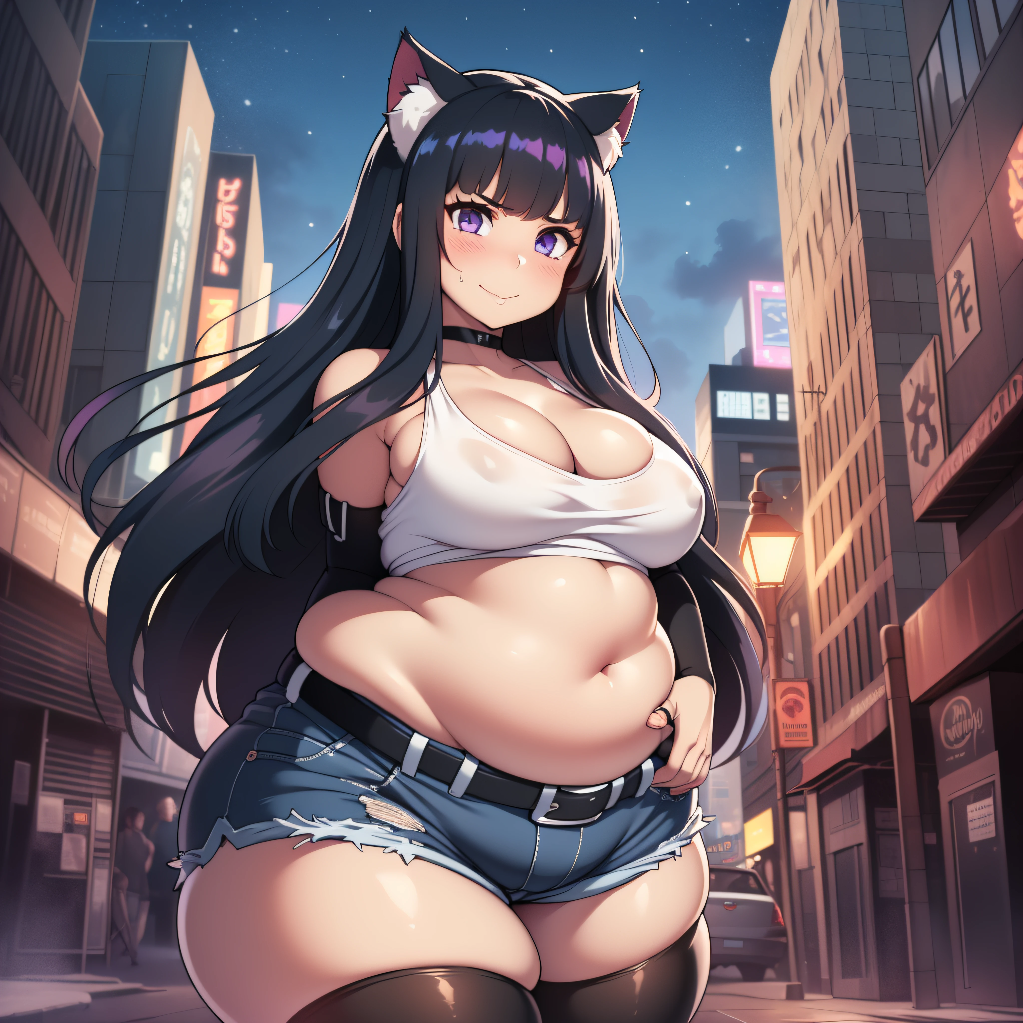 (((kipteitei))), Masterpiece, high quality, best quality, beautiful, HD, perfect lighting, detailed face, detailed body, ((1girl)), ((solo)), long black hair, (fluffy hair), cat ears, purple eyes, seductive smile, (blush), ((black crop top)), ((shorts)), arm warmers, thigh highs, choker, belt across hip, (((small breasts))), cleavage, perky breasts, (((she is bottom-heavy))), ((((wide hips)))), (((((thick thighs))))), ((((chubby)))), fat rolls, ((tummy bulge)), ((belly bulge over belt)), ((((belly grab)))), (((self fondling))), ((belly hang)), night time, she has gained weight, (tight clothes), street, buildings, futuristic city, far future, cyber-punk,